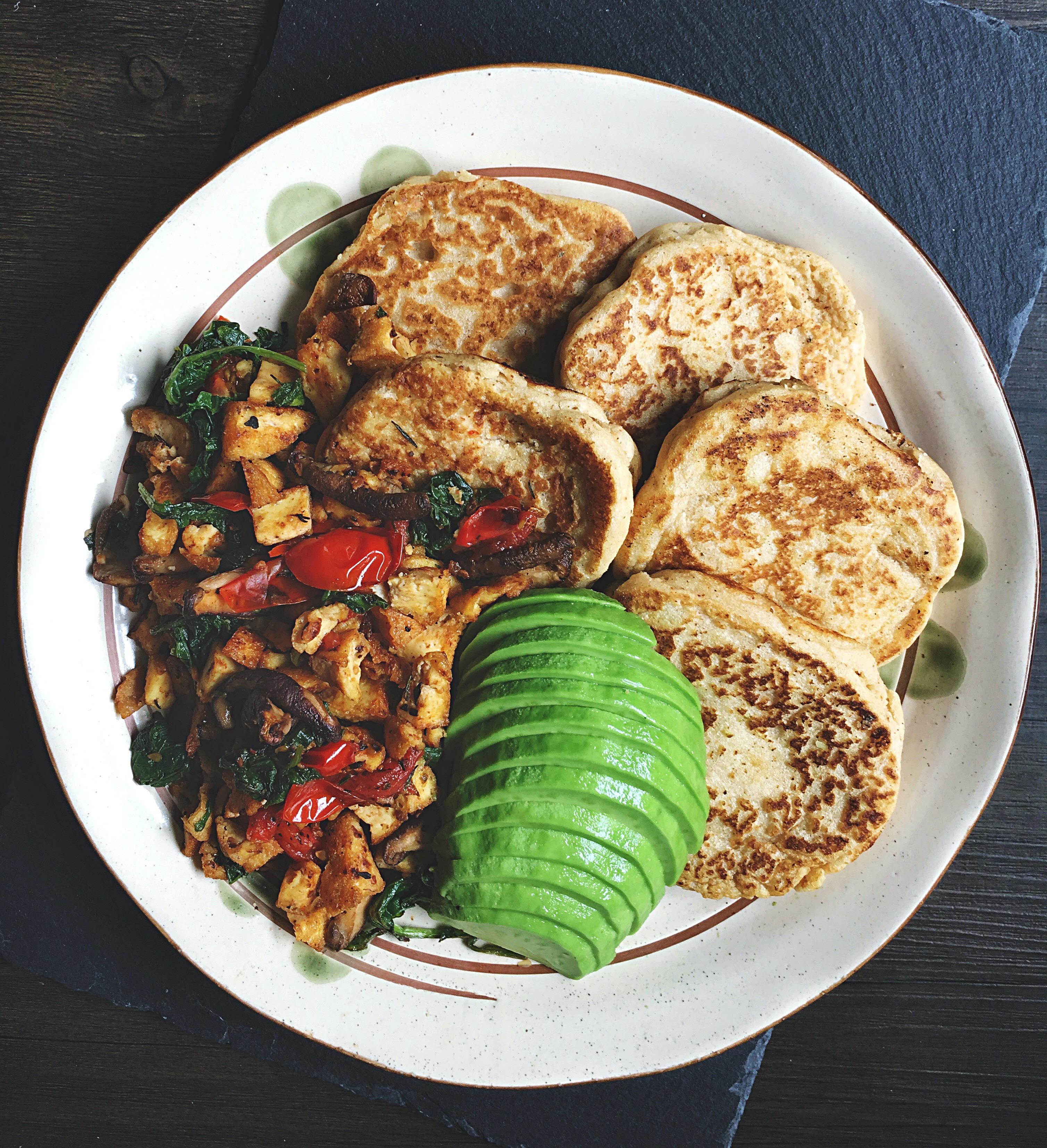 Vegan Breakfast for Dinner including savoury glutenfree pancakes r