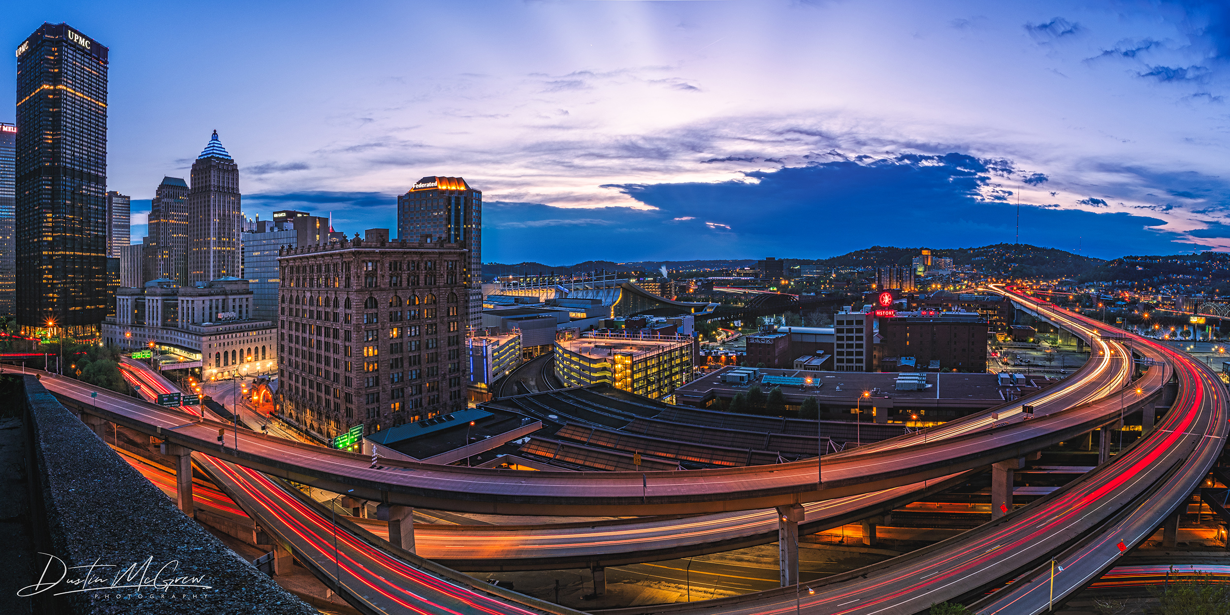 Panoramic shot of Veterans Bridge with traffic trails r/PittsburghPorn
