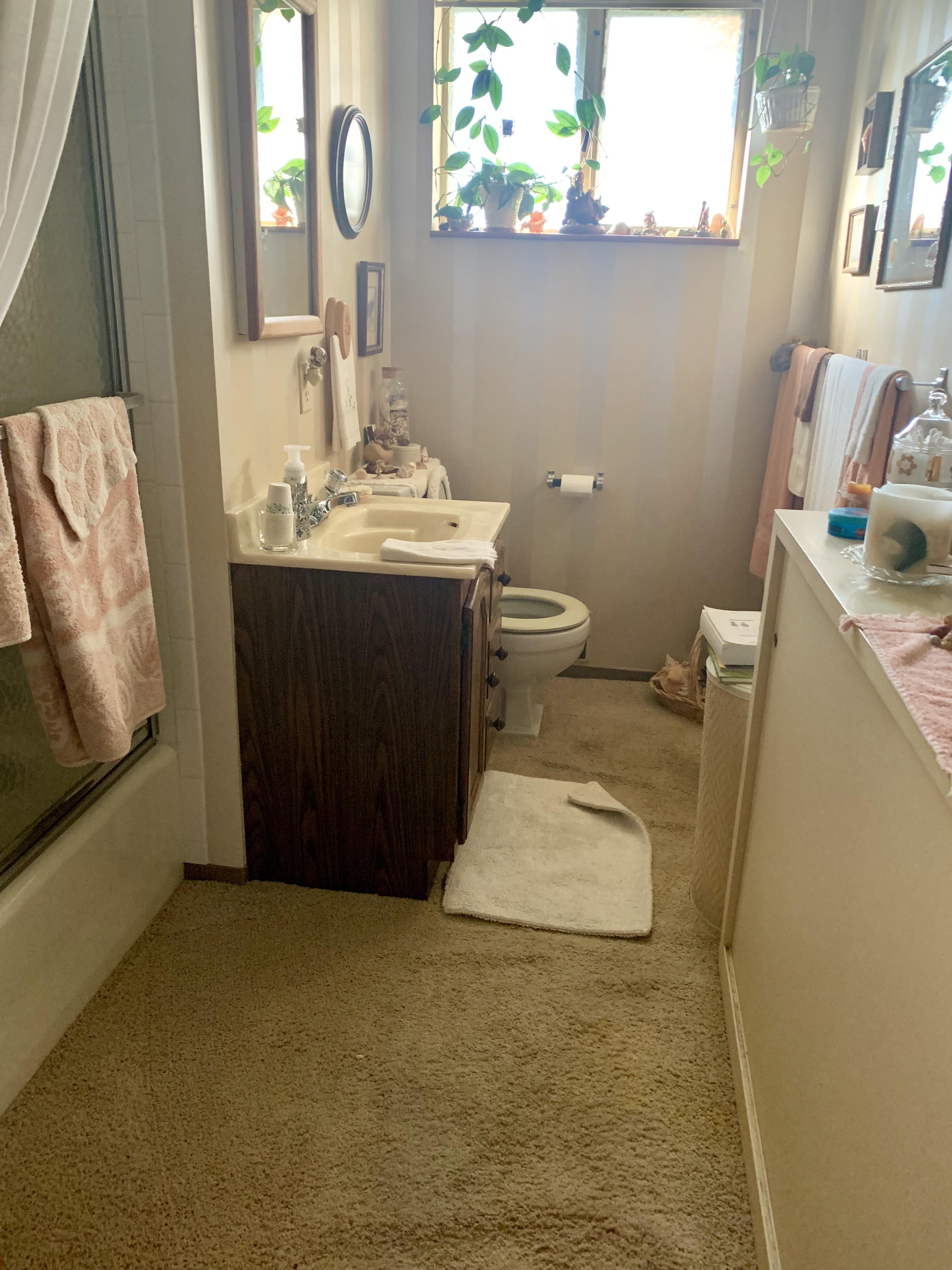 At grandma’s for the weekend. Her bathrooms are carpeted. r