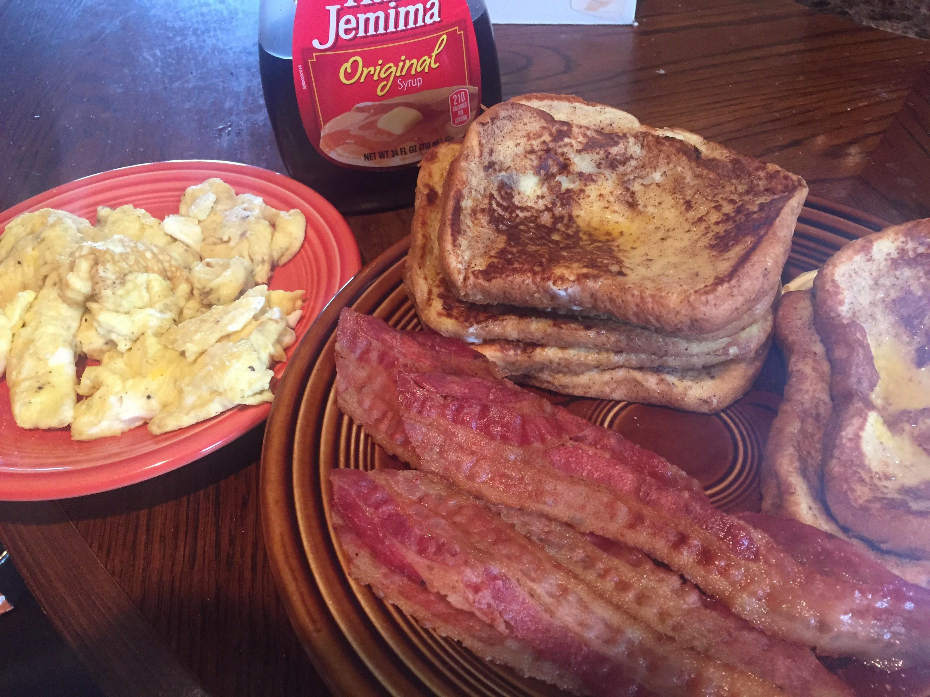 [homemade] cinnamon french toast, bacon, and eggs r/food