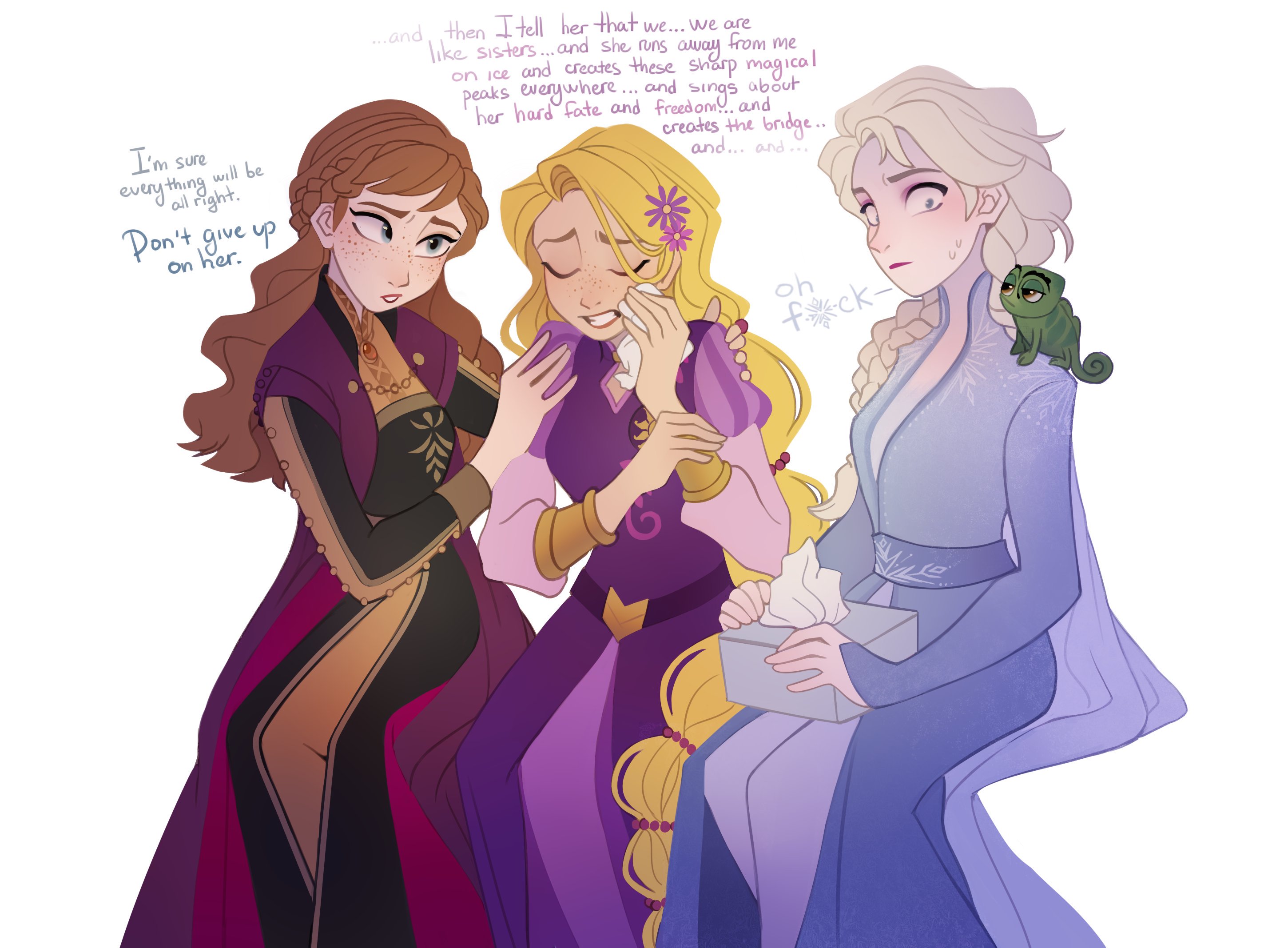 Anna and Elsa consoling Rapunzel (xpost /r/Tangled) r/Frozen
