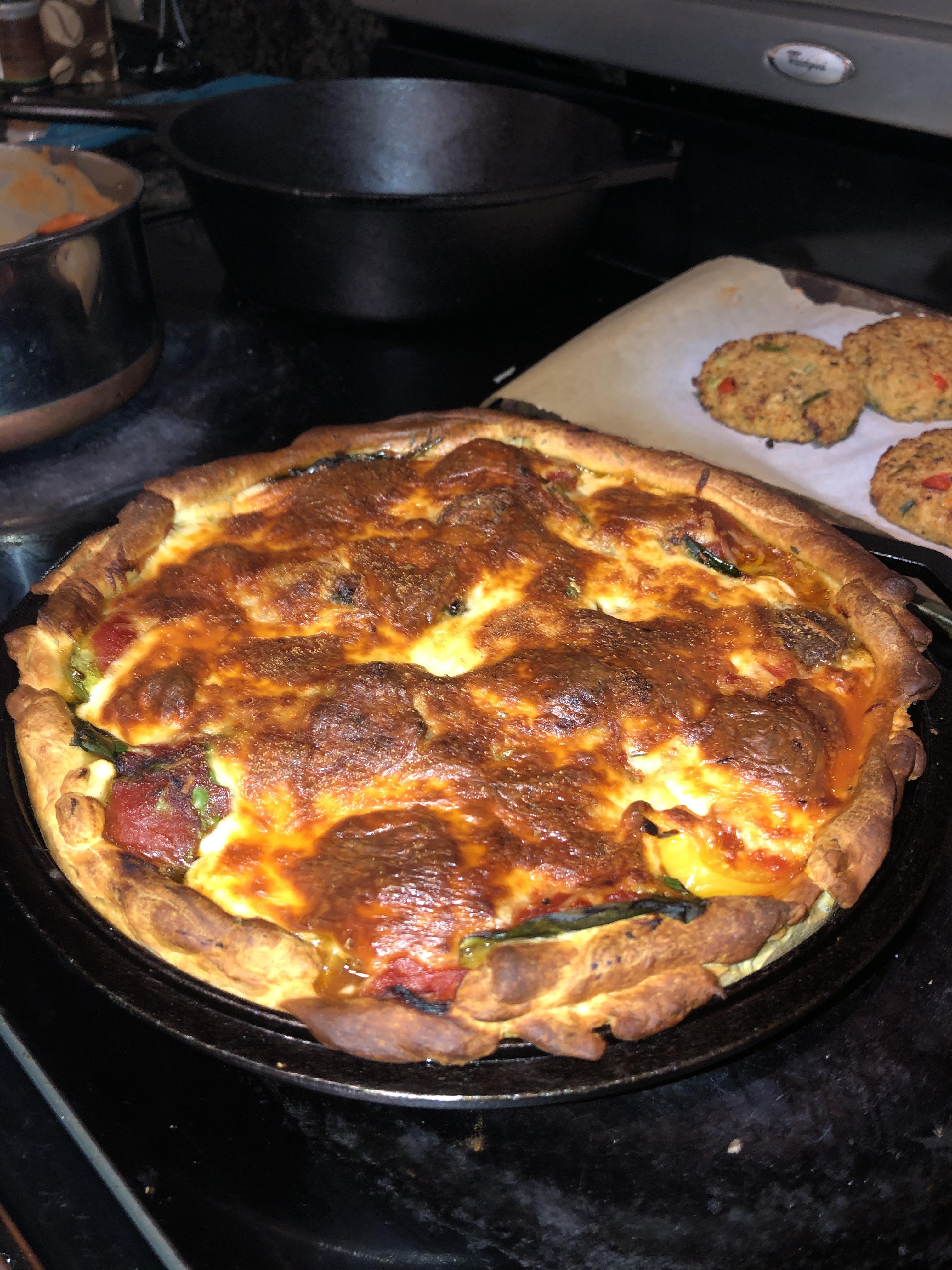 First time making in a cast iron!!! Can't wait to dig in r/Pizza