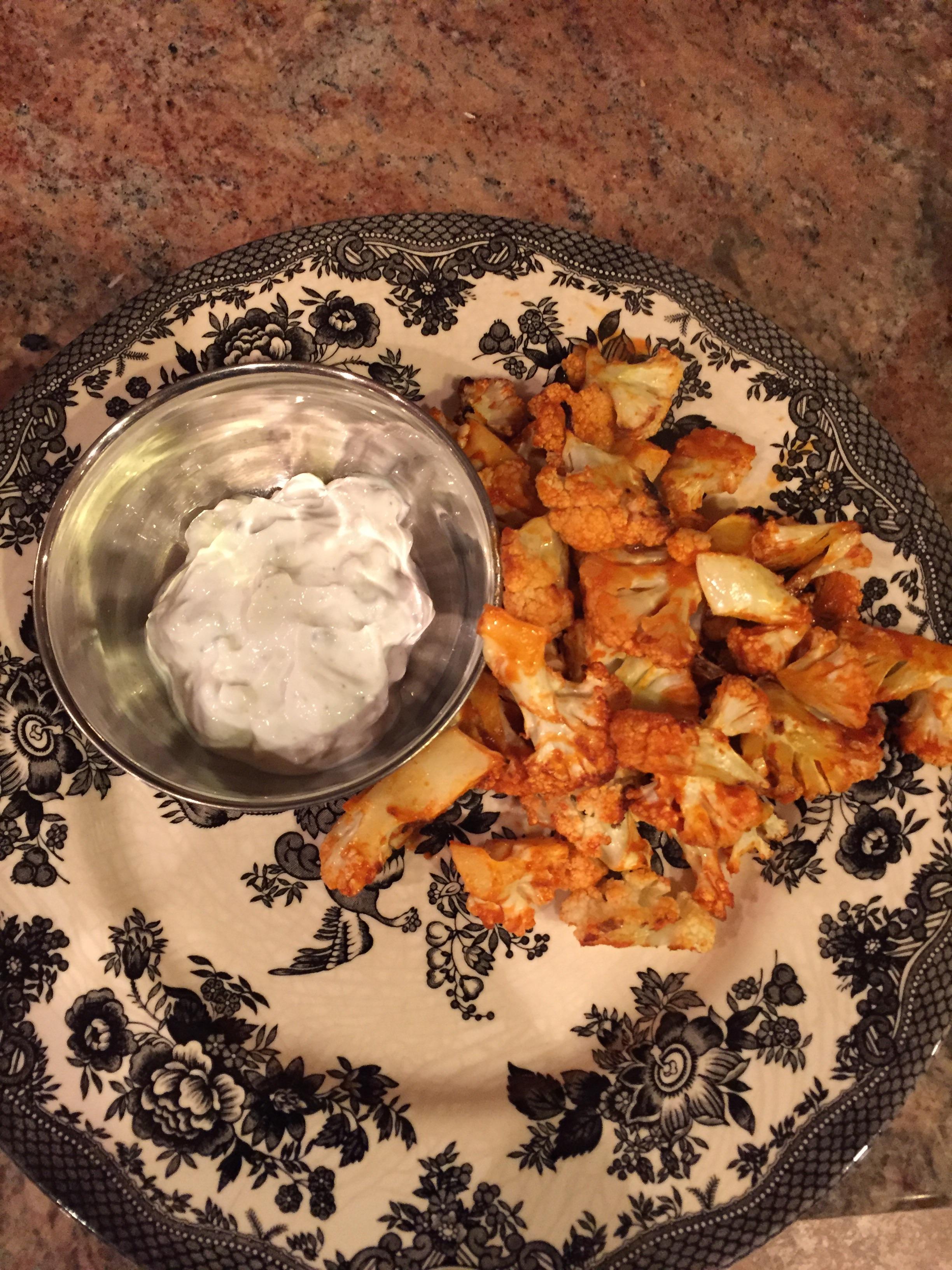 Buffalo Cauliflower Wings with a Blue Cheese Sauce for 370 Calories r