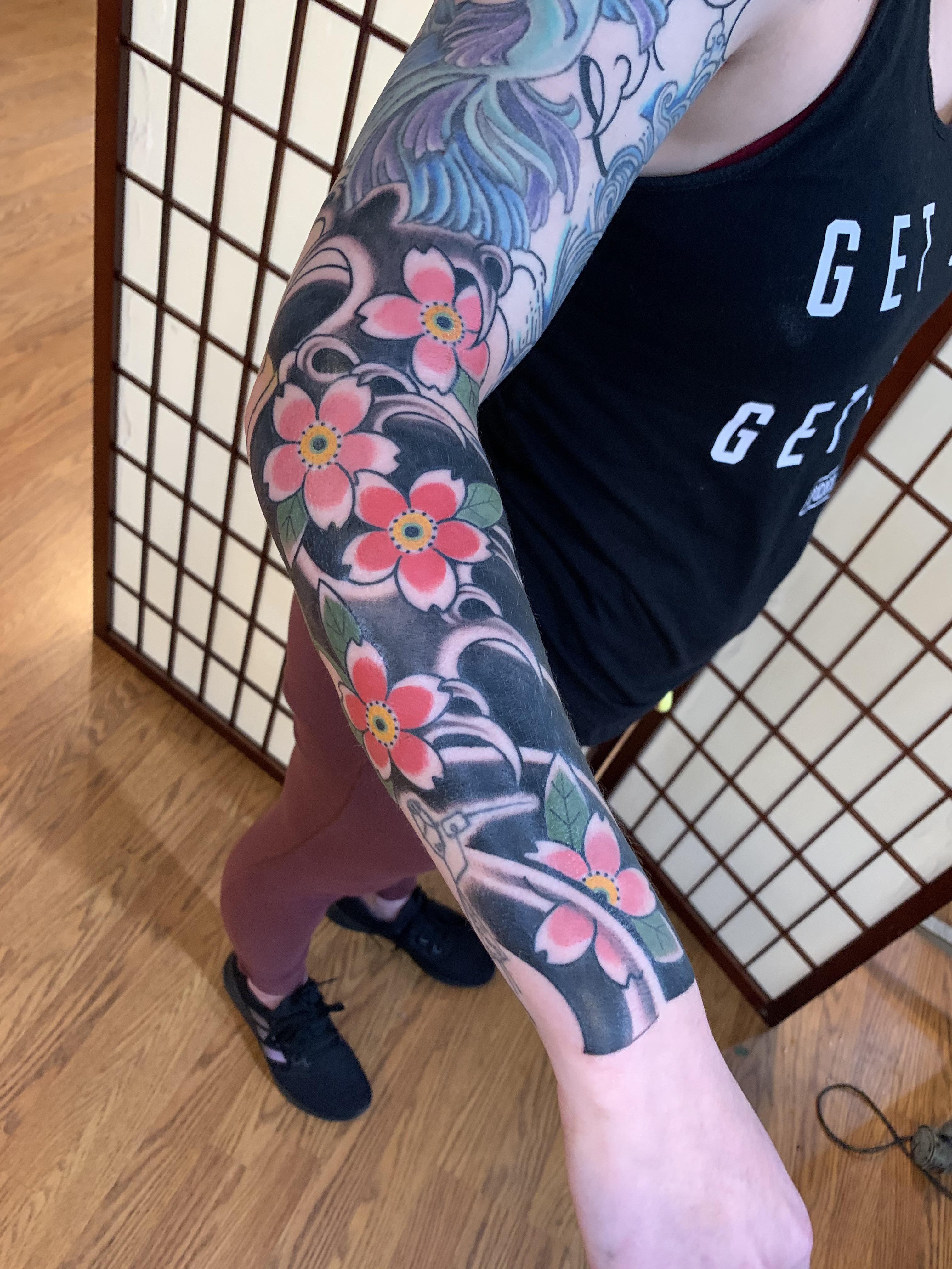 Cherry blossom sleeve in progress. Done by tengutorres in Frederick