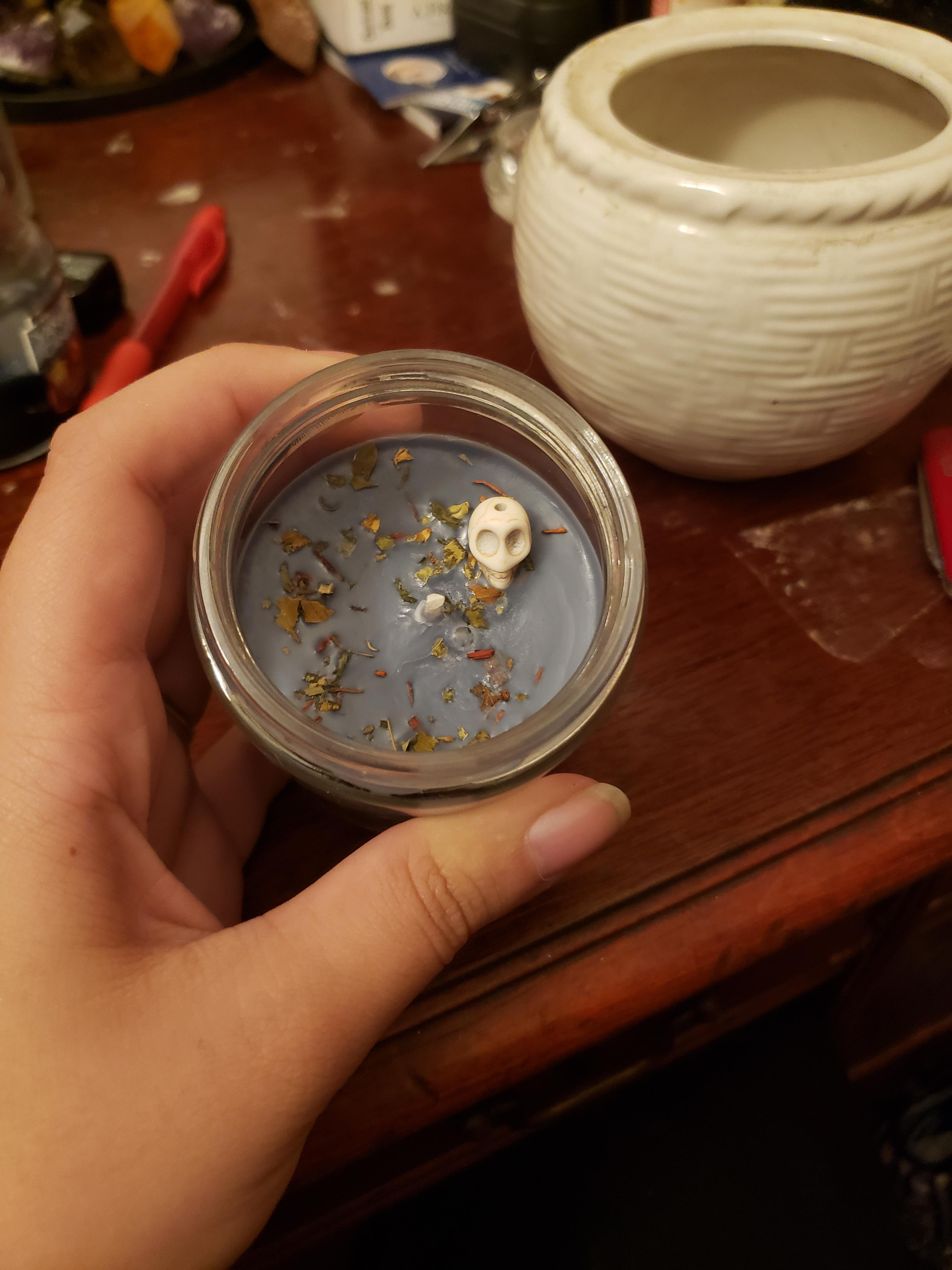 My new halloween Death Candle from Of Coffee and Crystals on Etsy, with