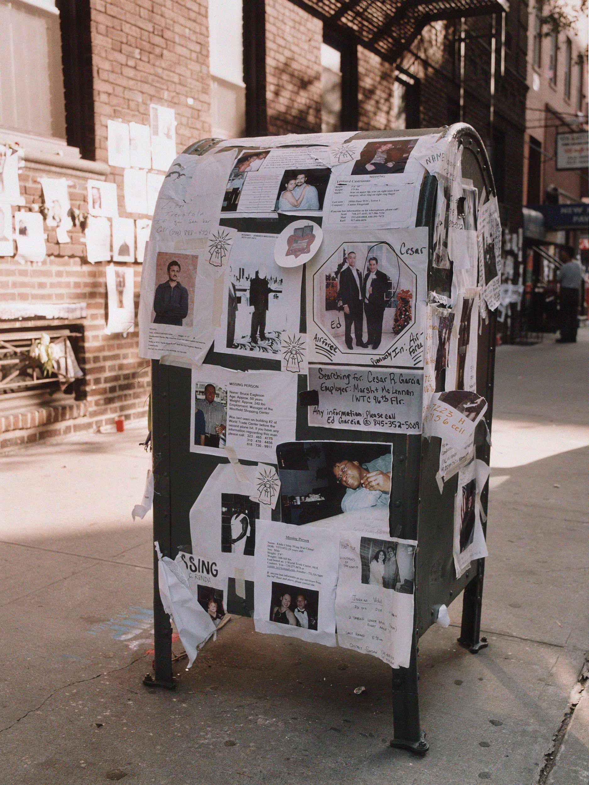A New York City mailbox after September 11th, covered in notes
