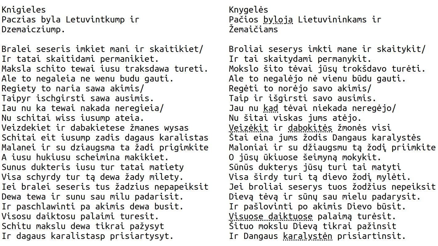 Text from the first Lithuanian book (1547) compared to contemporary