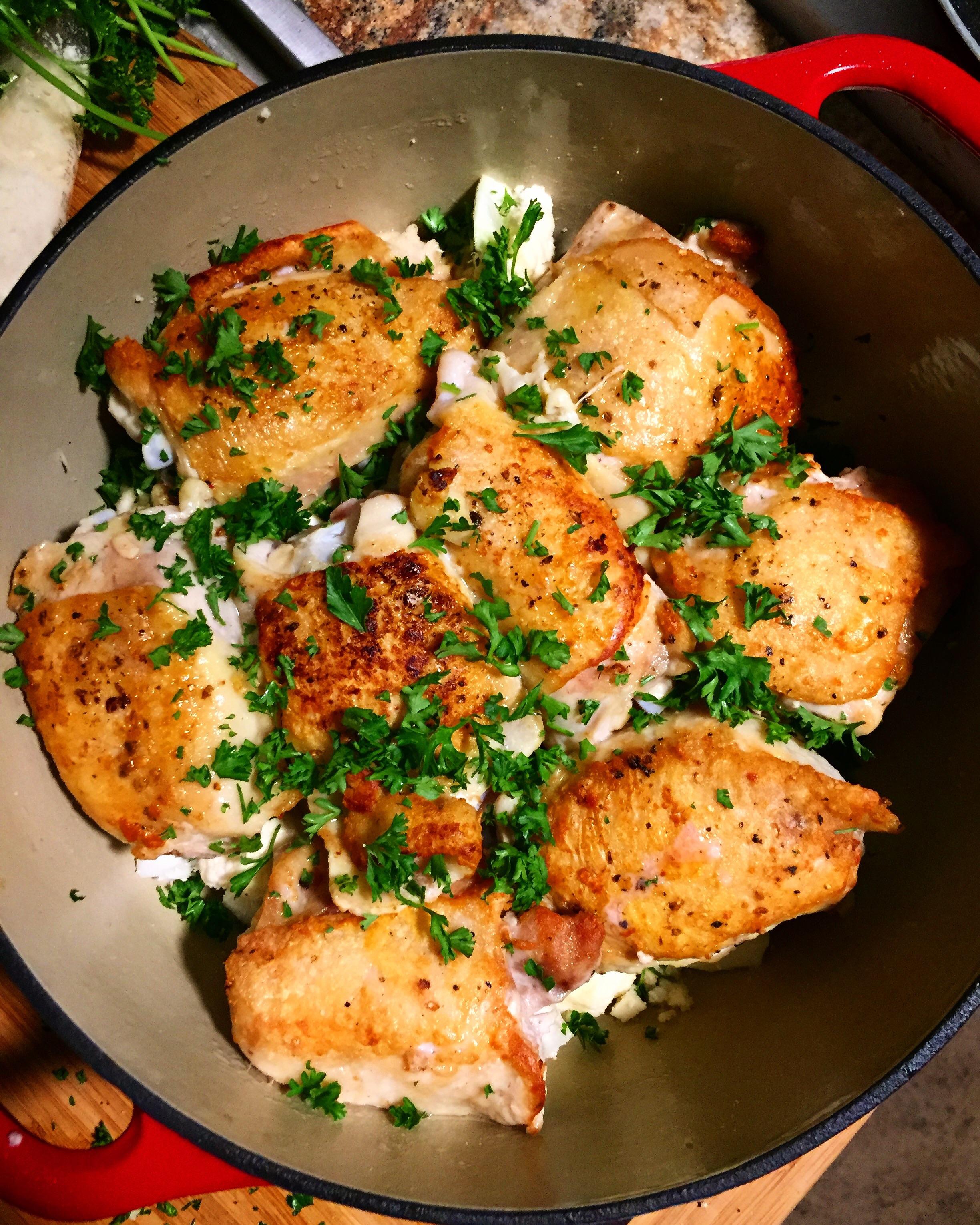 Garlic Parmesan Cauliflower and Roasted Chicken Thighs getting ready to