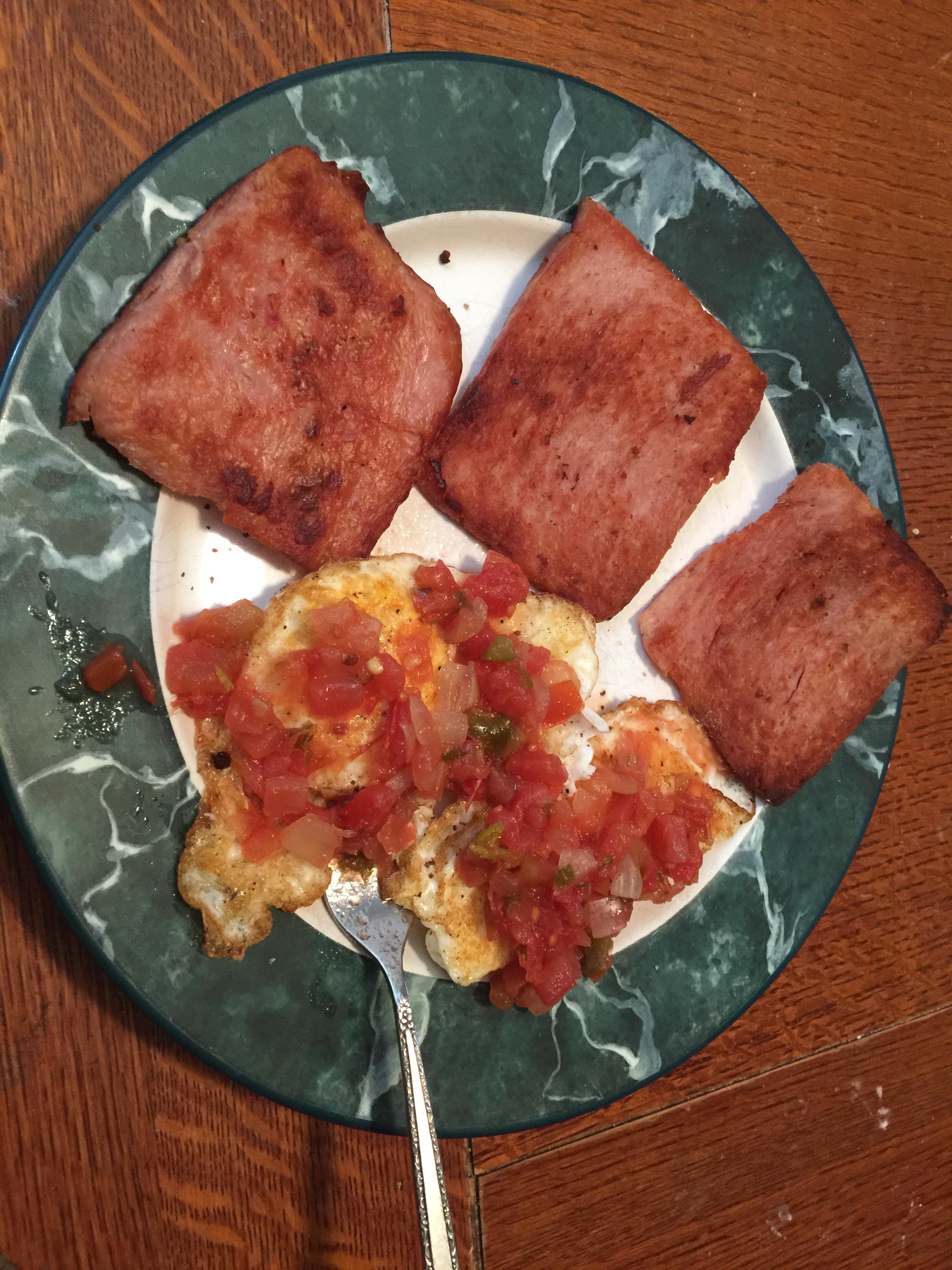 Fried spam and eggs topped with salsa brought to you by my day off