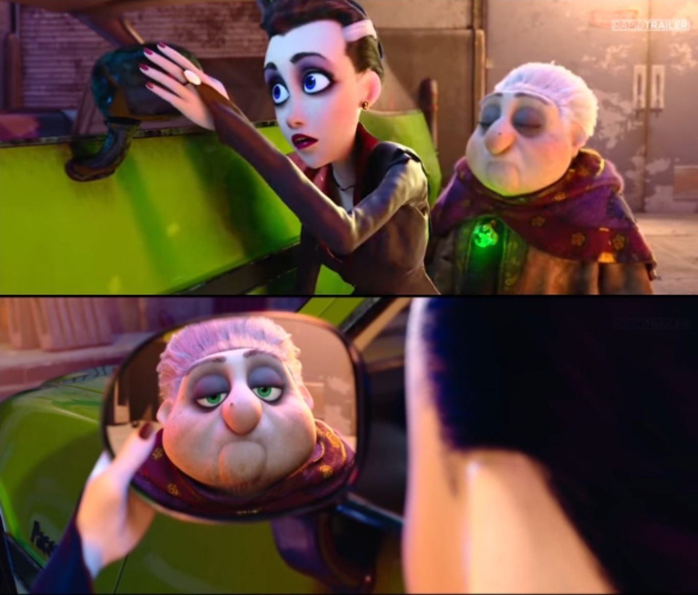 In Monster Family (2017) Emma looks into a mirror to see what see looks