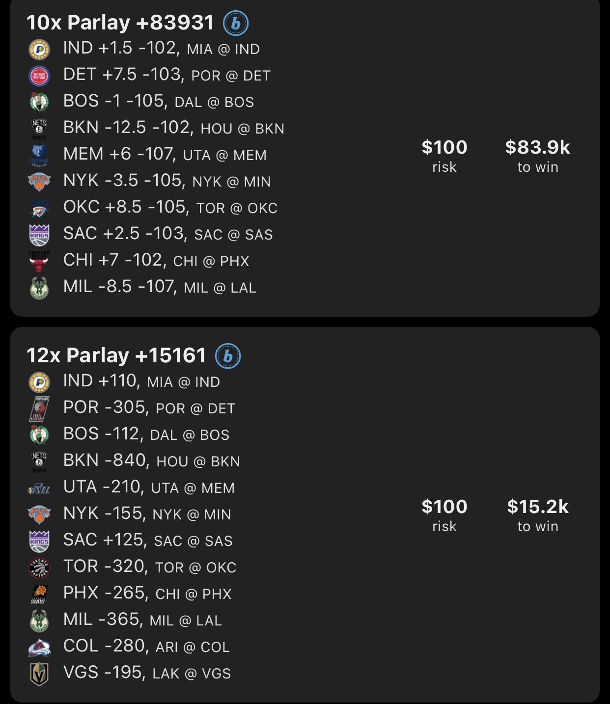 TODAYS FULLY DEGENED OUT YOLO PARLAYS. These represent every ML and ATS pick I’m on tonight