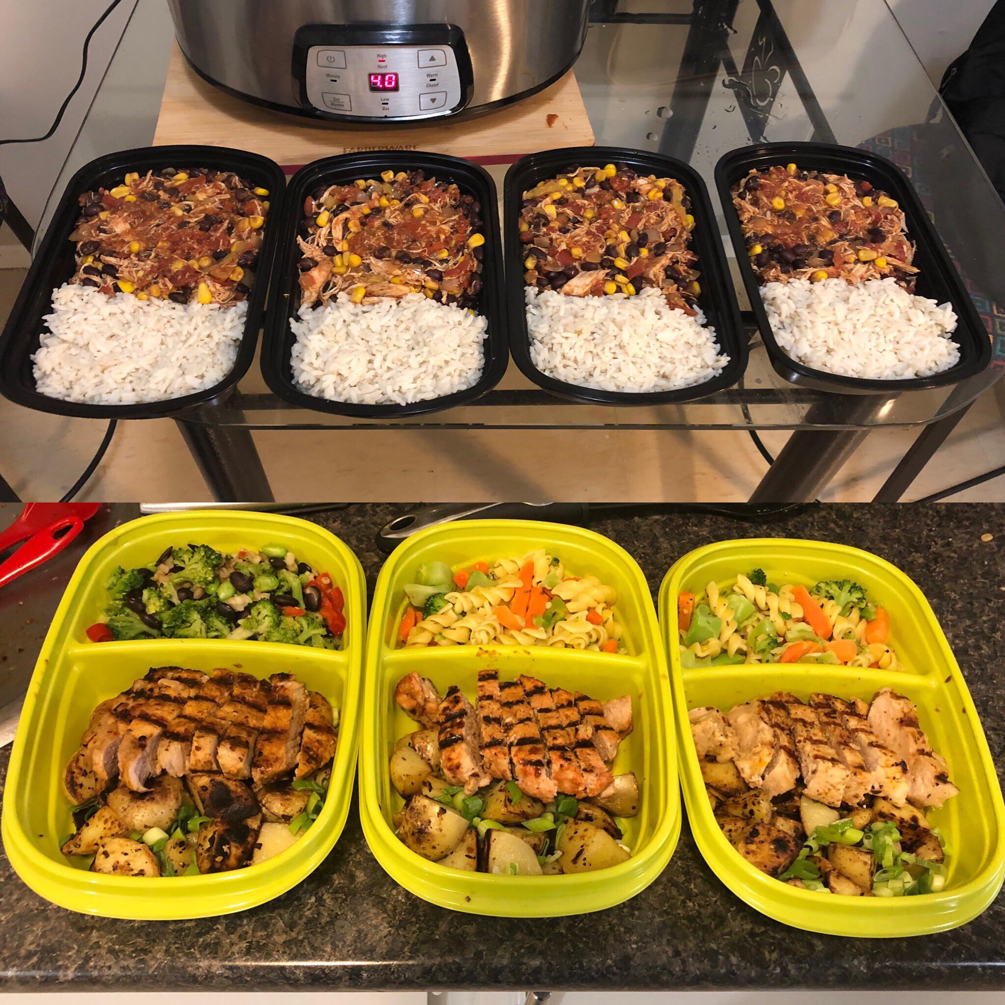 First real meal prep. Pork chops/fried potatoes/veggies, and Fiesta
