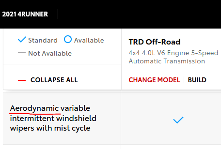 Toyota is outfitting the 4Runner with Aerodynamic wiper blades. You