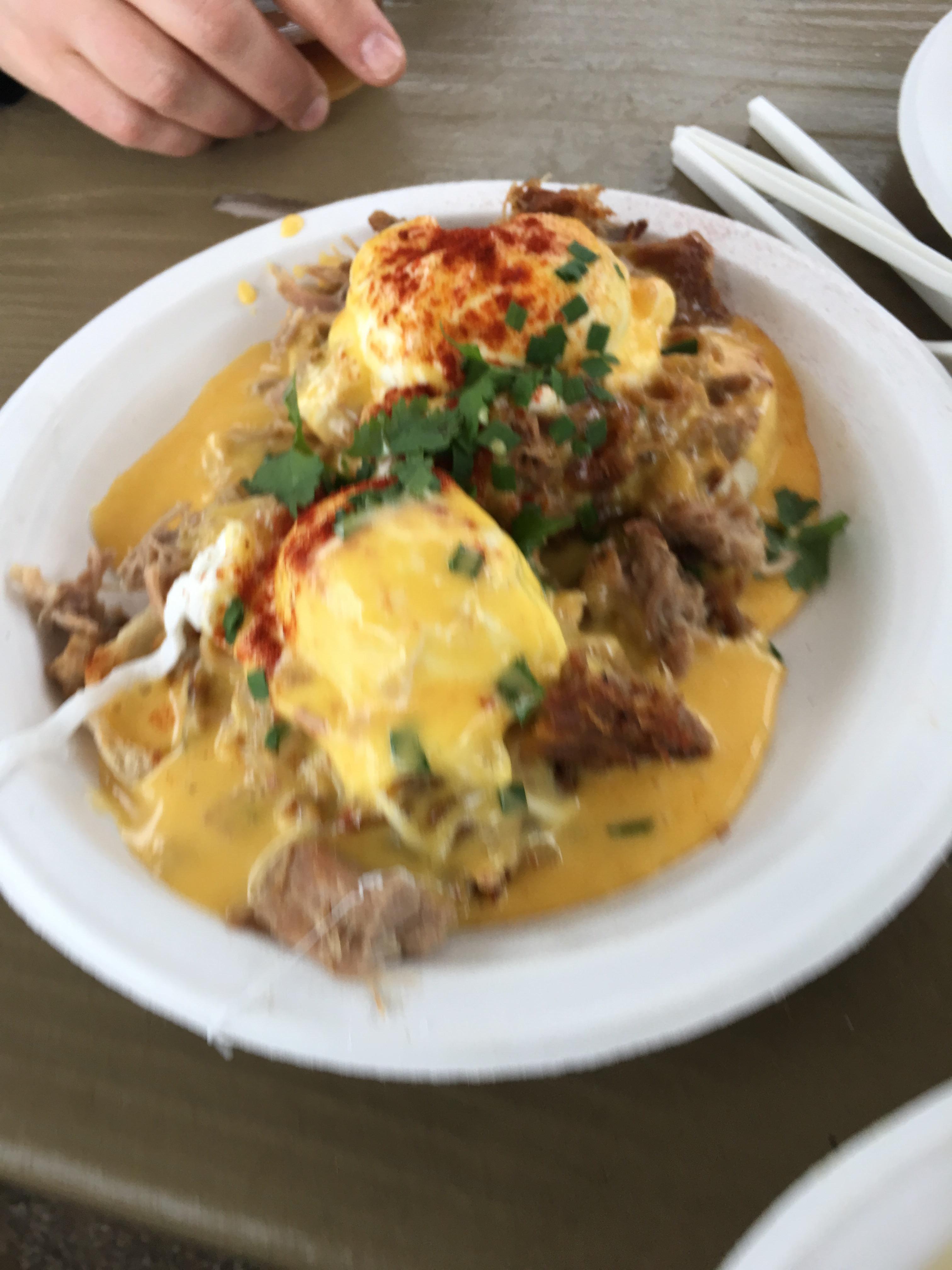 [I ate] Kalua pig Eggs Benedict at Chitos Kauai food truck in Hanalei