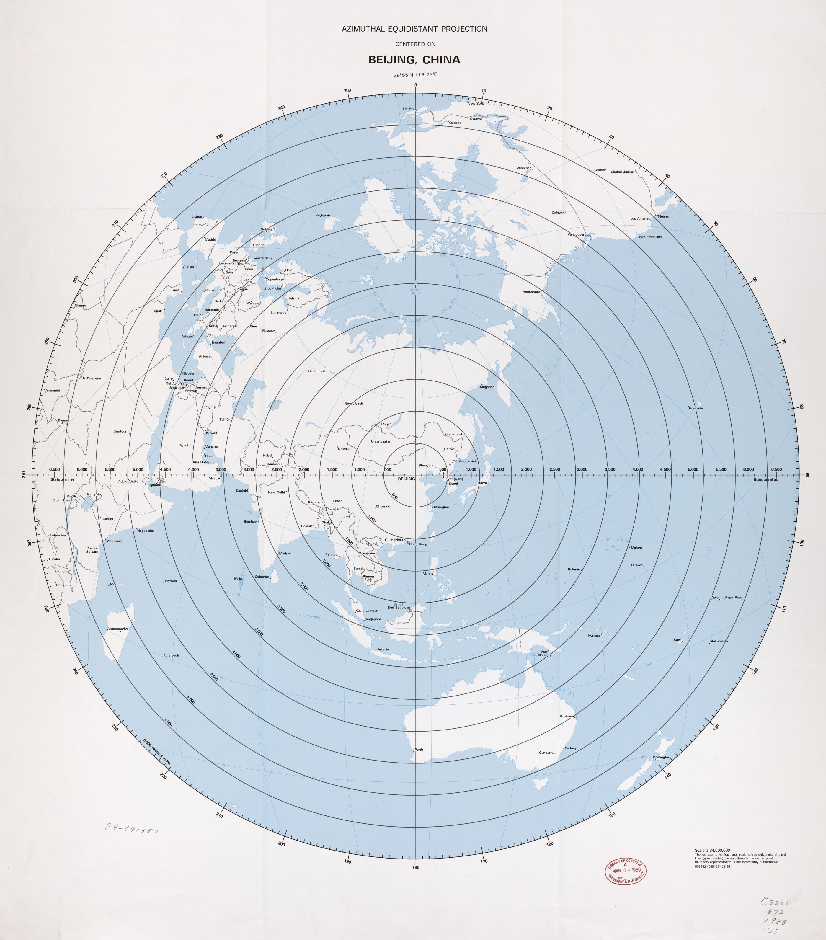 Ekvidistans Karta Azimuthal equidistant projection centered on Beijing [2798 × 3184