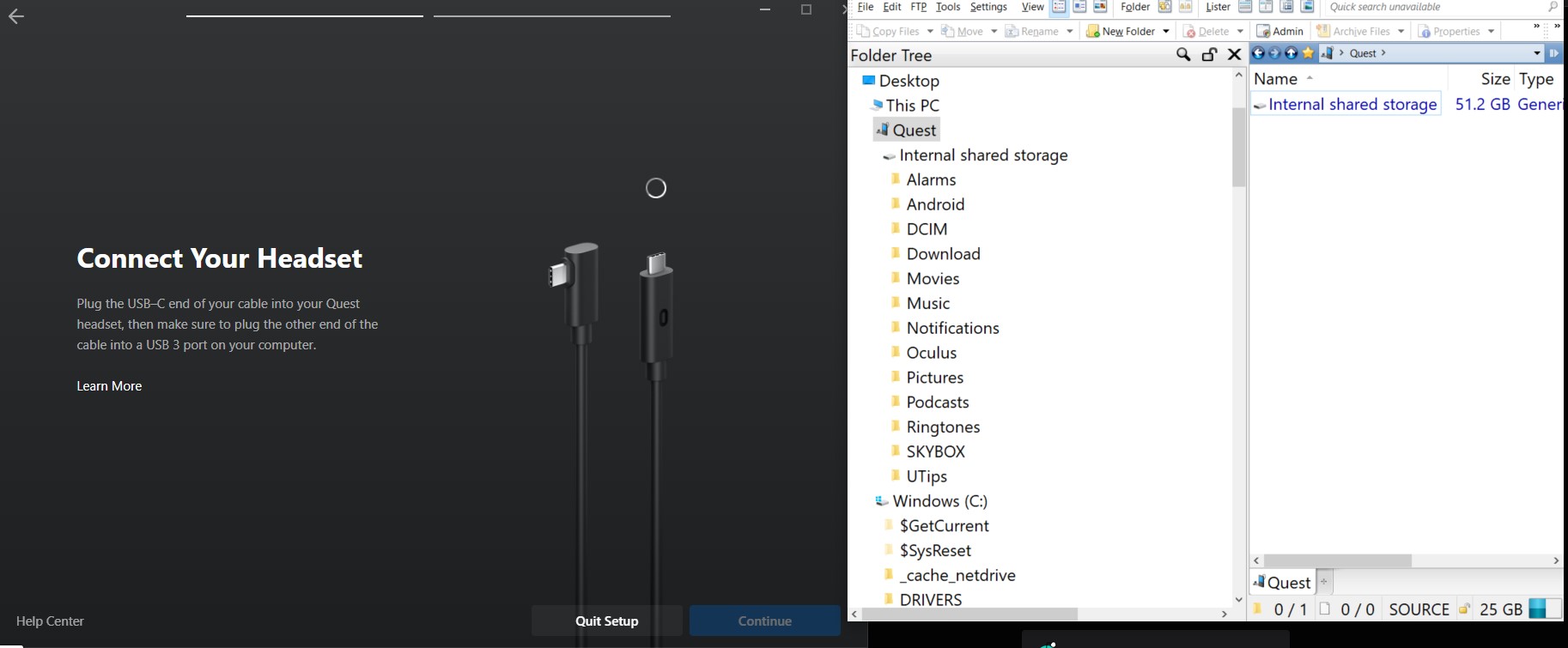 Oculus Quest Not Detecting by Win10 Oculus App on PC. Stuck at "Connect