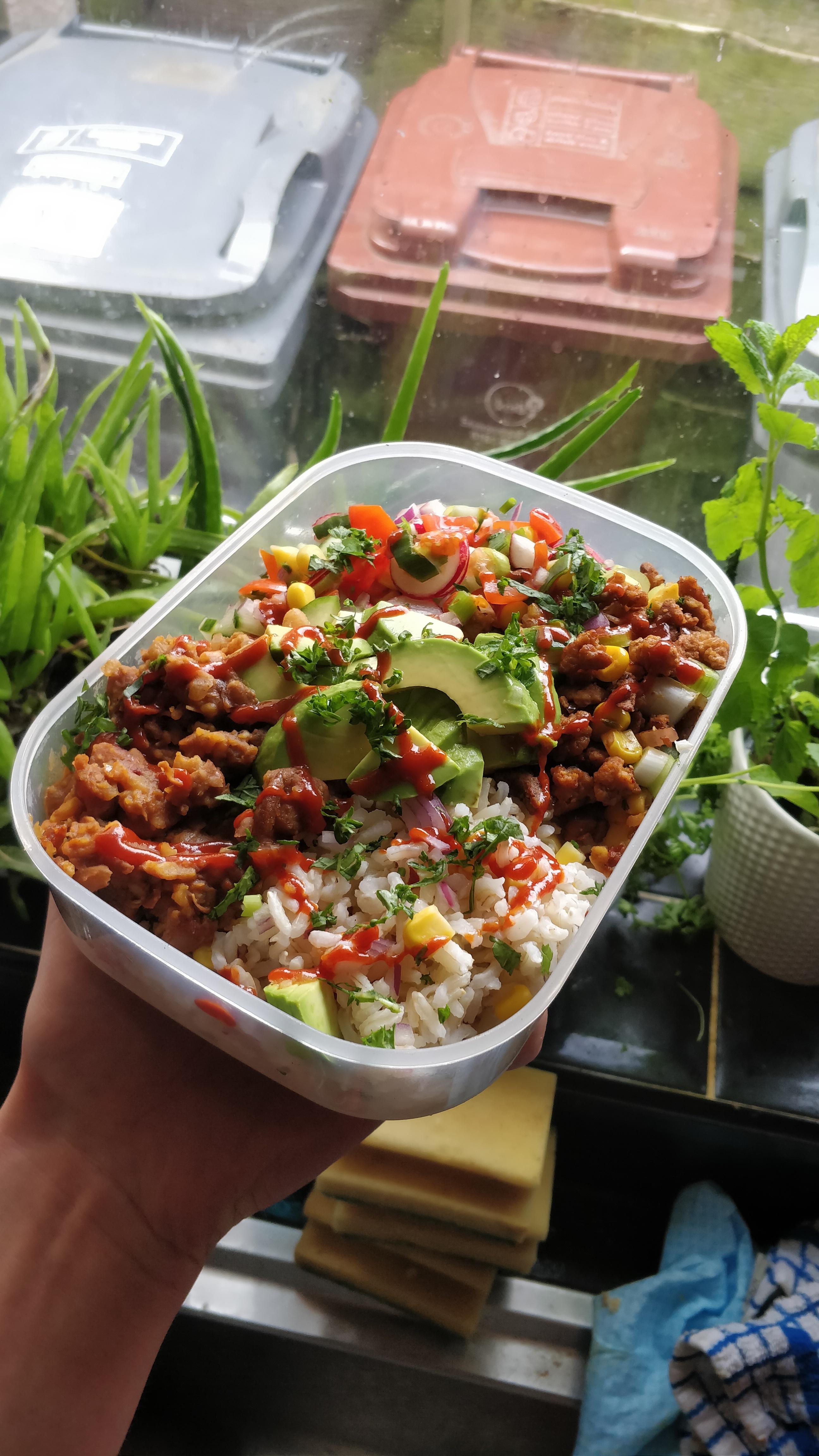 Burrito bowl of tvp, refried beans, rice and salsa for lunch [homemade