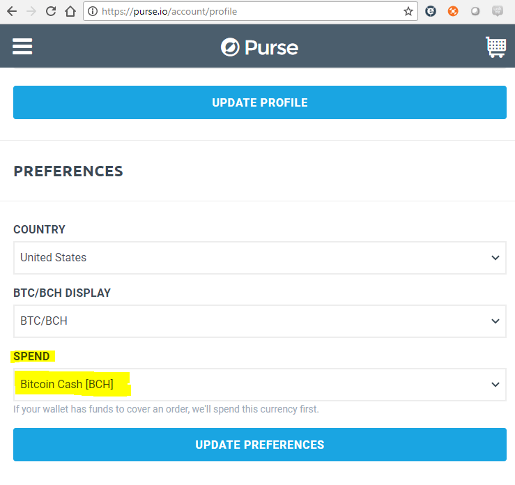 To enable BCH as default currency on Purse.io, please don't to