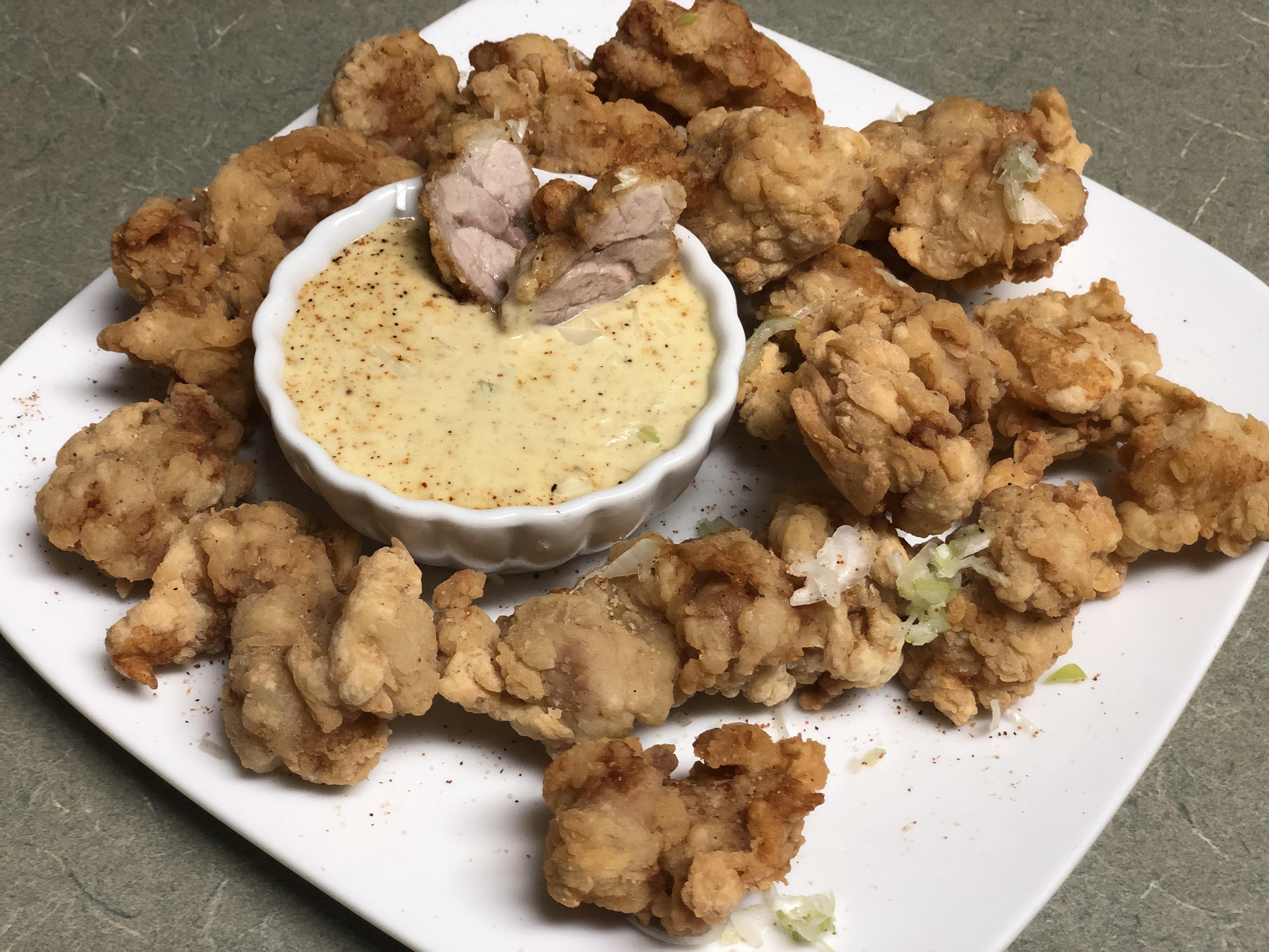 Fried sweetbread with horseradish mustard sauce. r/tonightsdinner