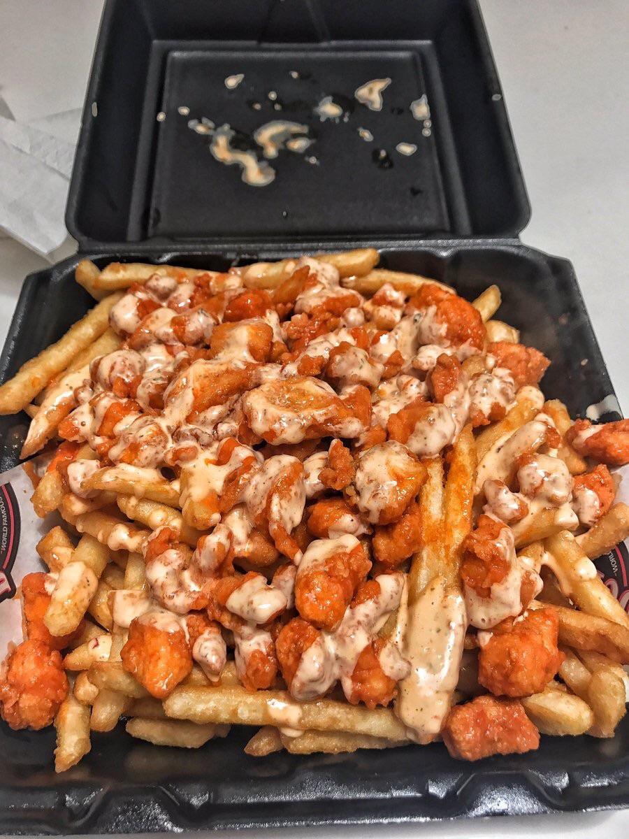 Mozzarella fries topped with boneless hot buffalo wings [OC] [900 x