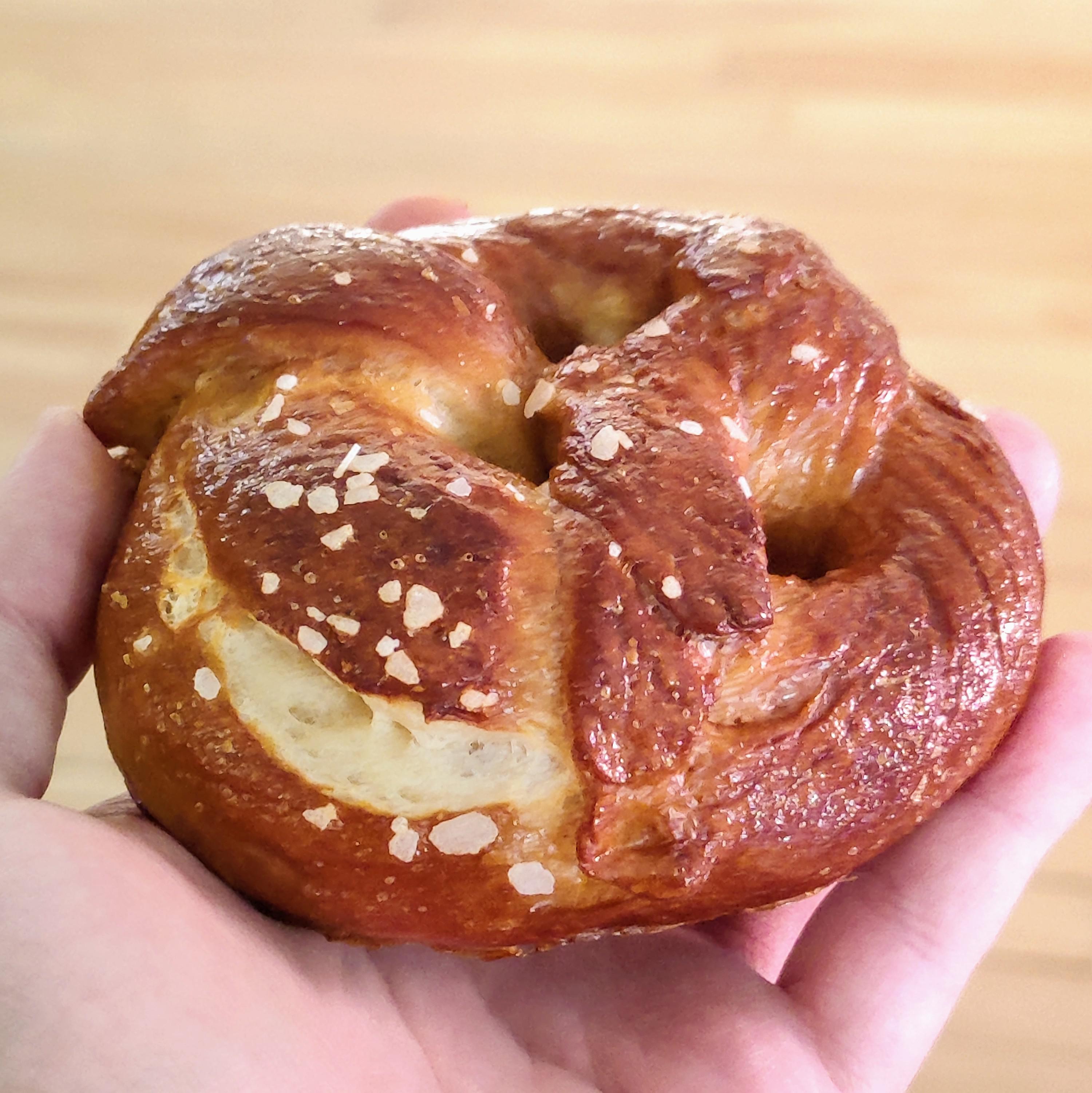 Closeup of my homemade pretzel seconds before disappearing without a