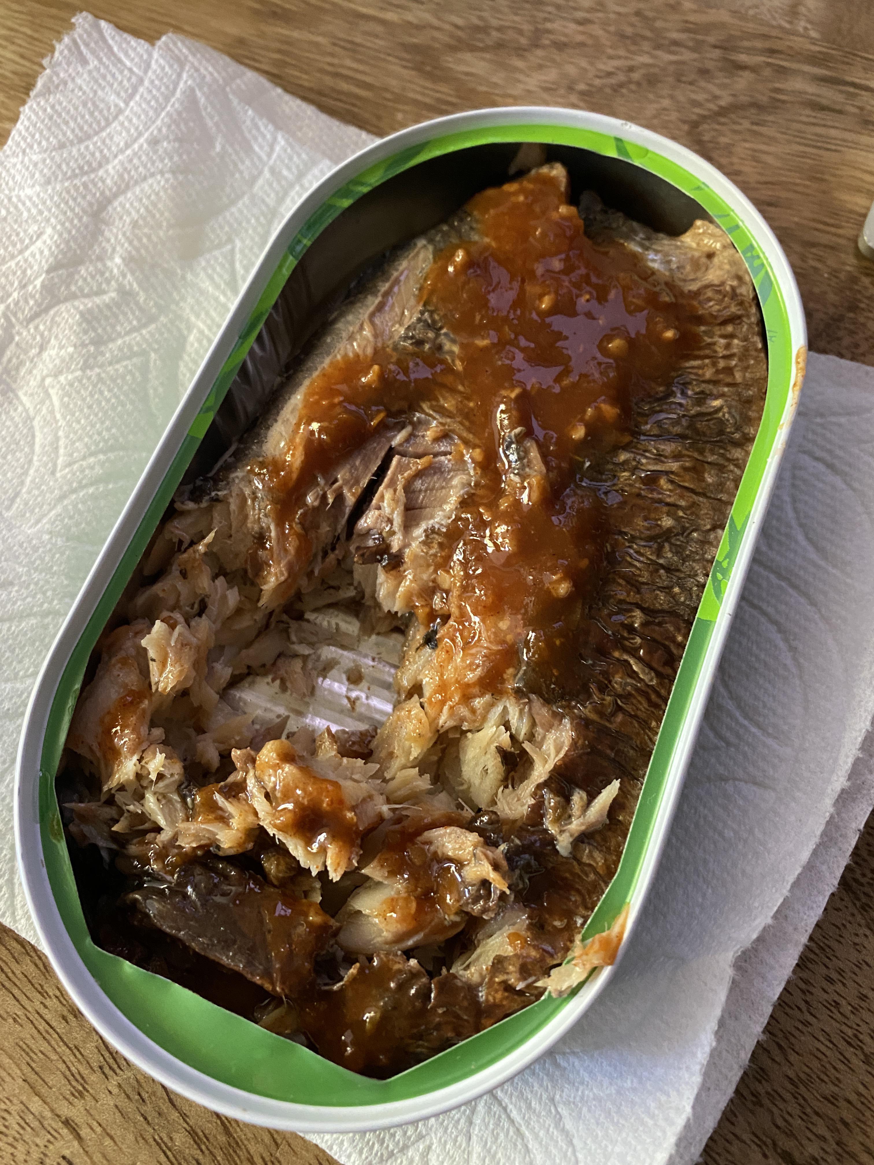 Lunch for today. Canned smoke herring w chunky garlic hot sauce. My