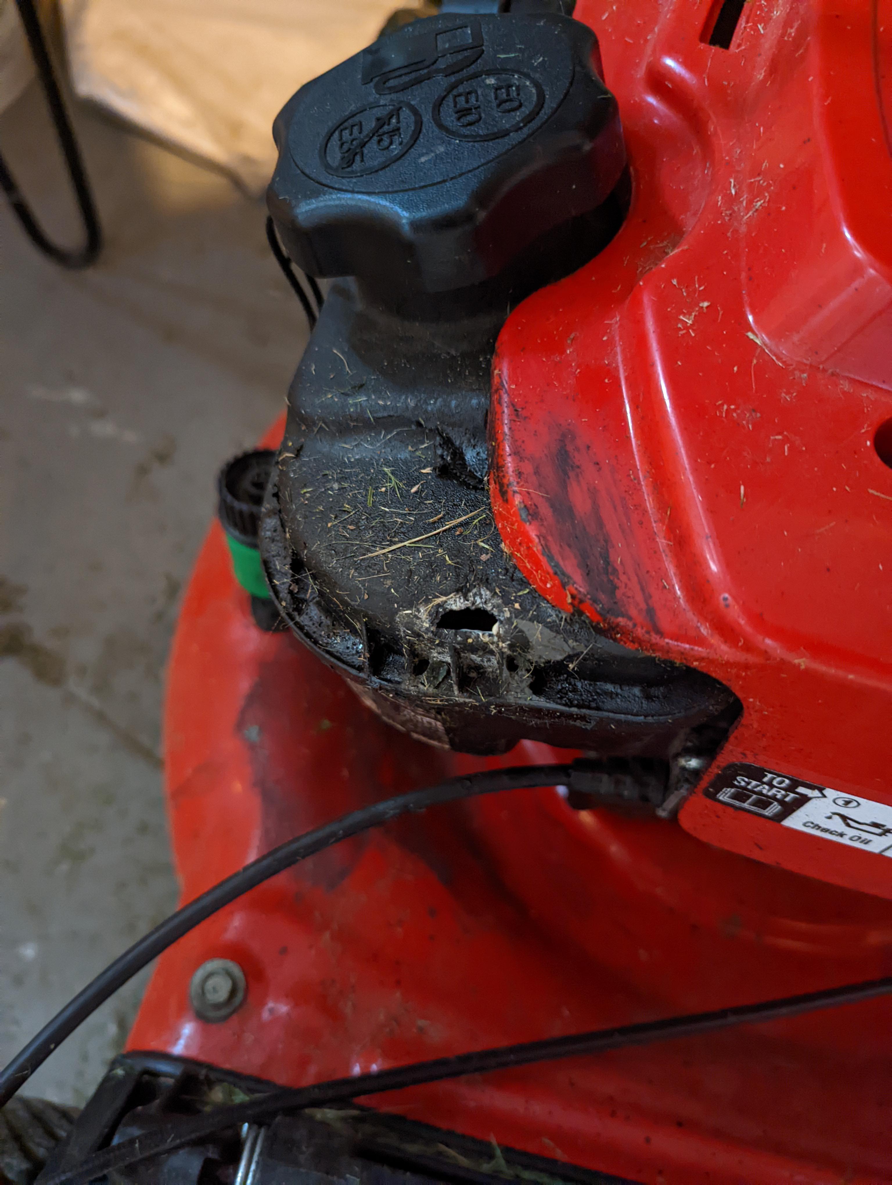 A squirrel scratched a hole in my lawn mower gas tank. How should I patch? r/lawnmowers