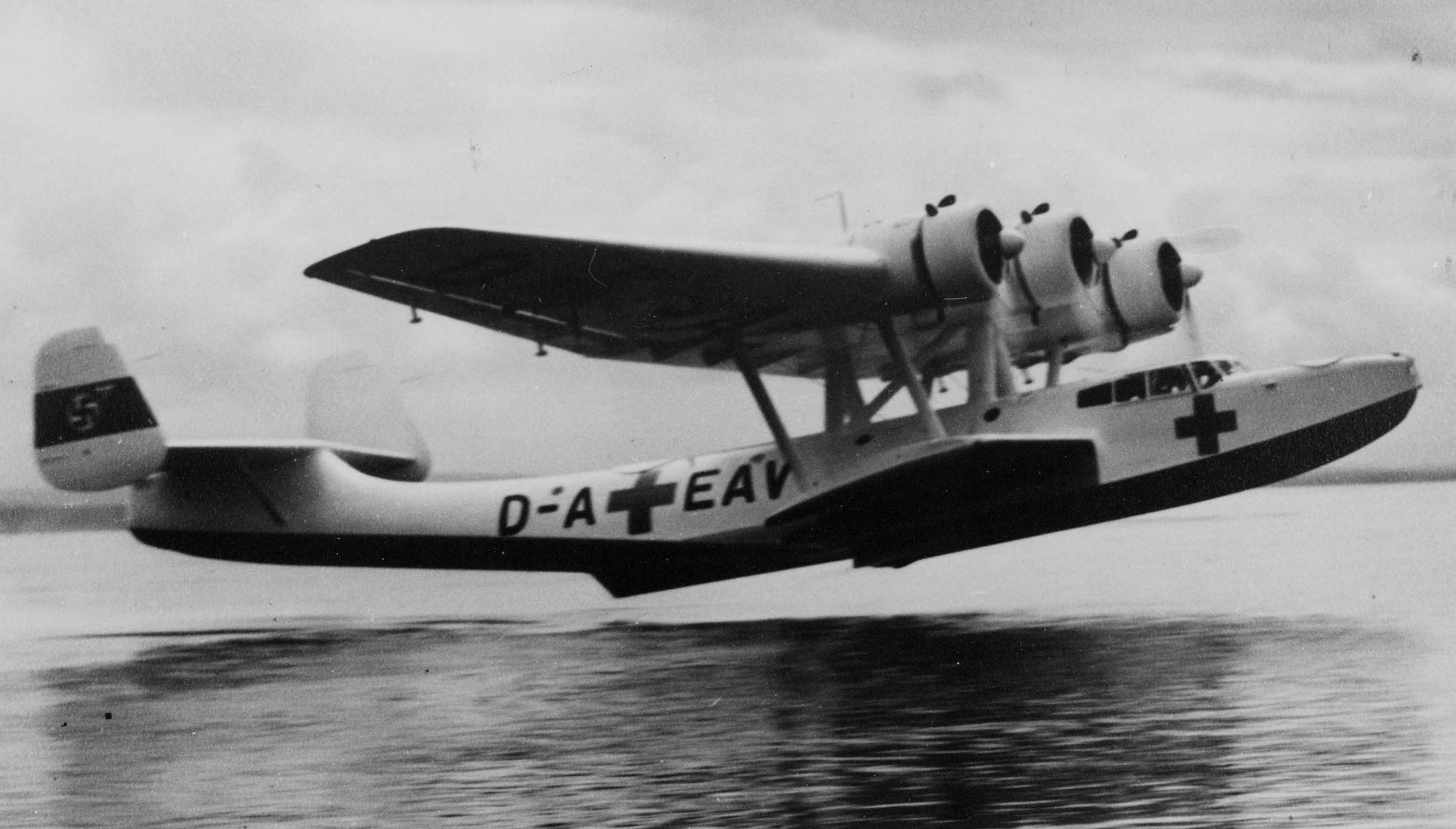 Germany's Dornier Do 24 three-engine flying boat taking off. Date