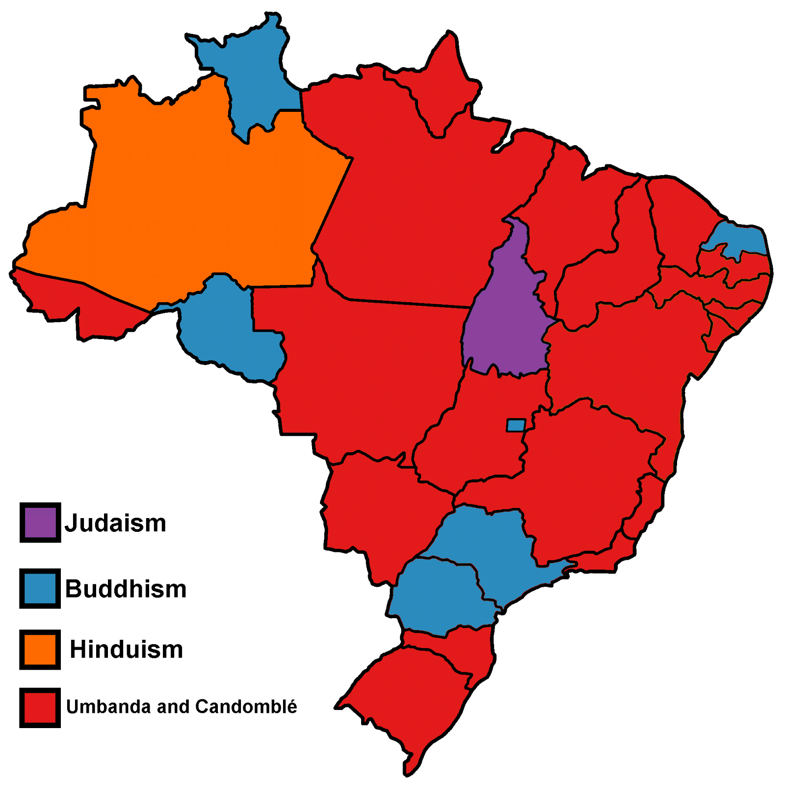Map showing largest nonChristian religion in each Brazilian state r