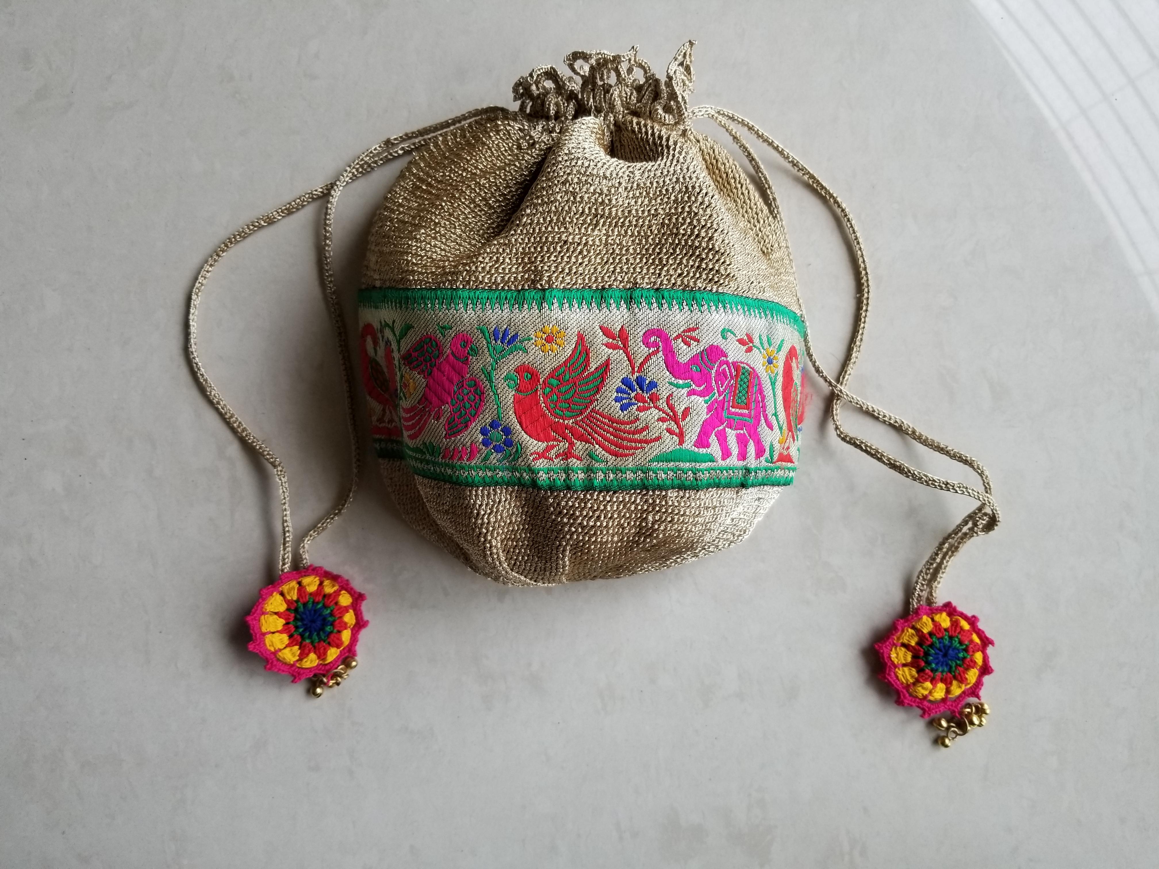 Ethnic Golden Drawstring purse (Potli) r/crochet