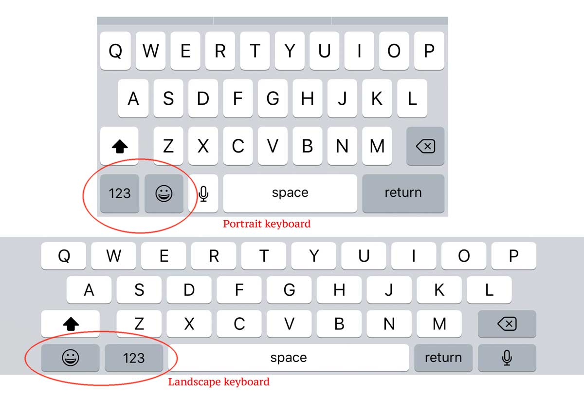 iOS 11 portrait/landscape keyboard inconsistency — [123] on the outside