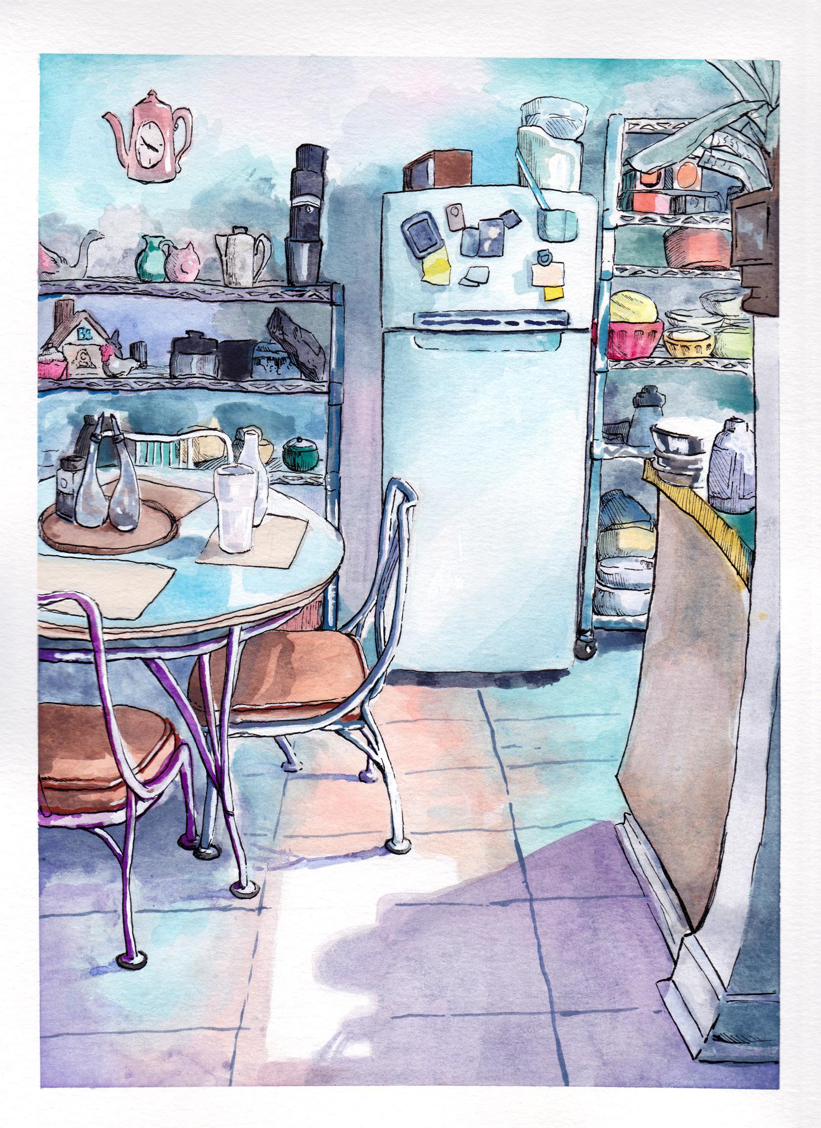 Here's a kitchen. Watercolor and ink. u/AnnaT33