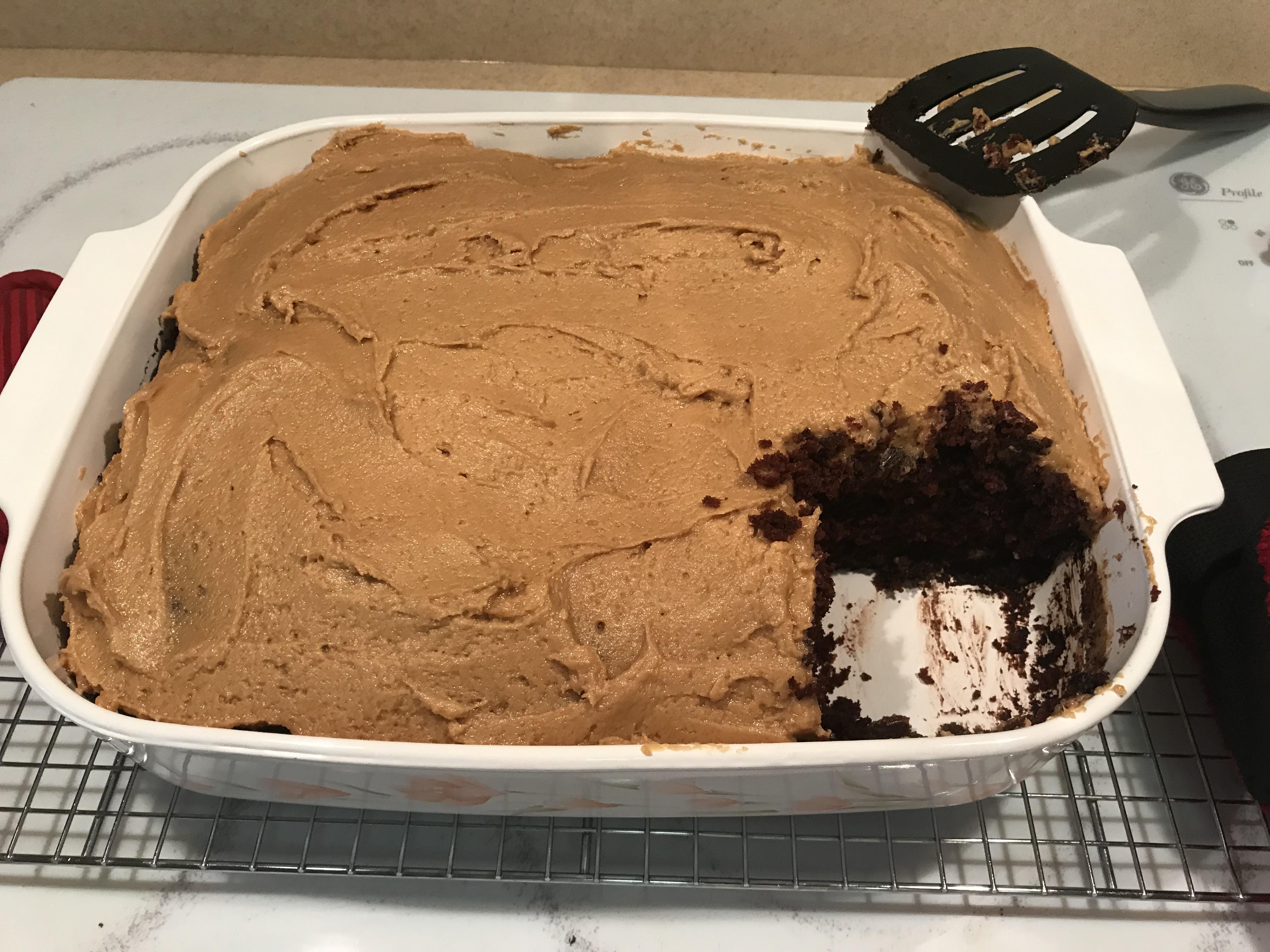 I made LeadCastle’s grandma’s depression era chocolate cake, and iced it with peanut butter