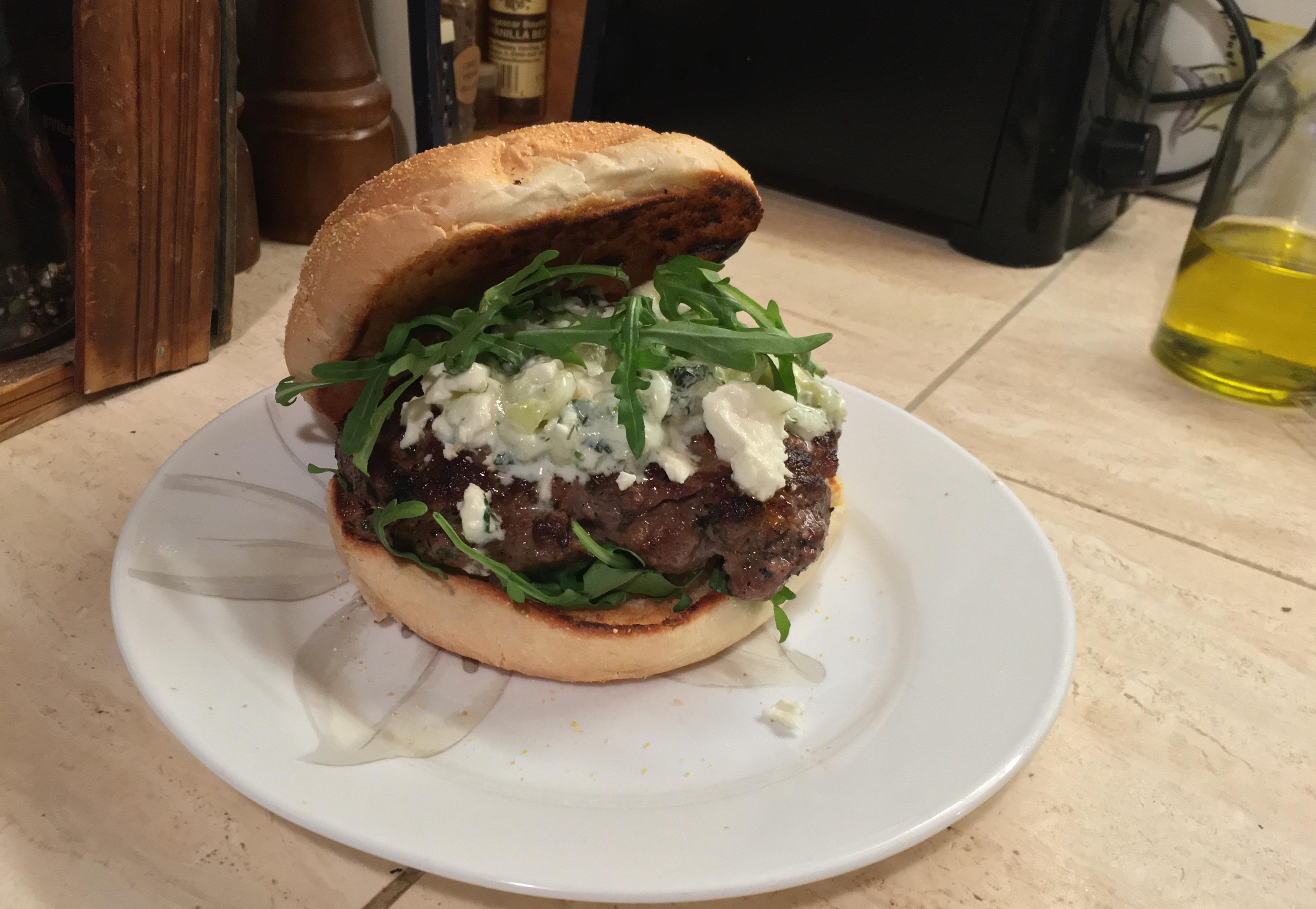 [Homemade] Lamb Burger With Homemade Tzatziki and Arugula r/food