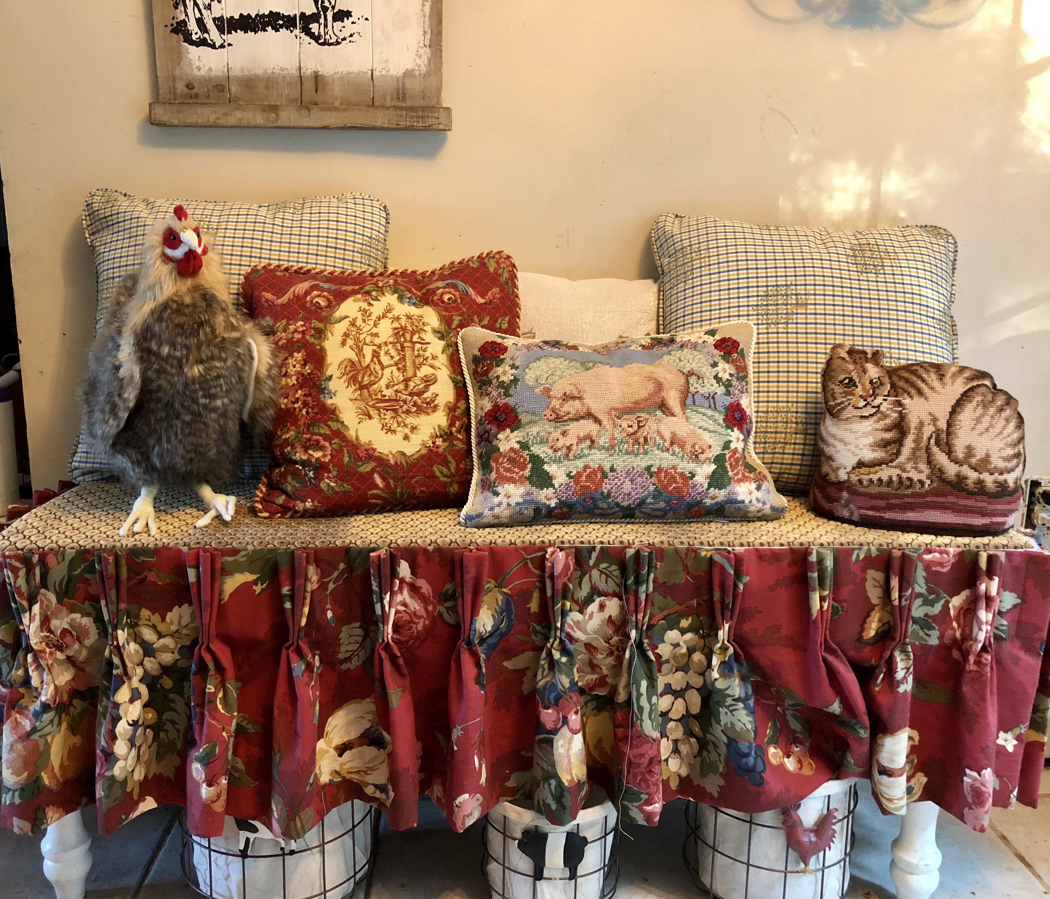 My French Country bench. Made 3 pillows, bench cushion and skirt. Not