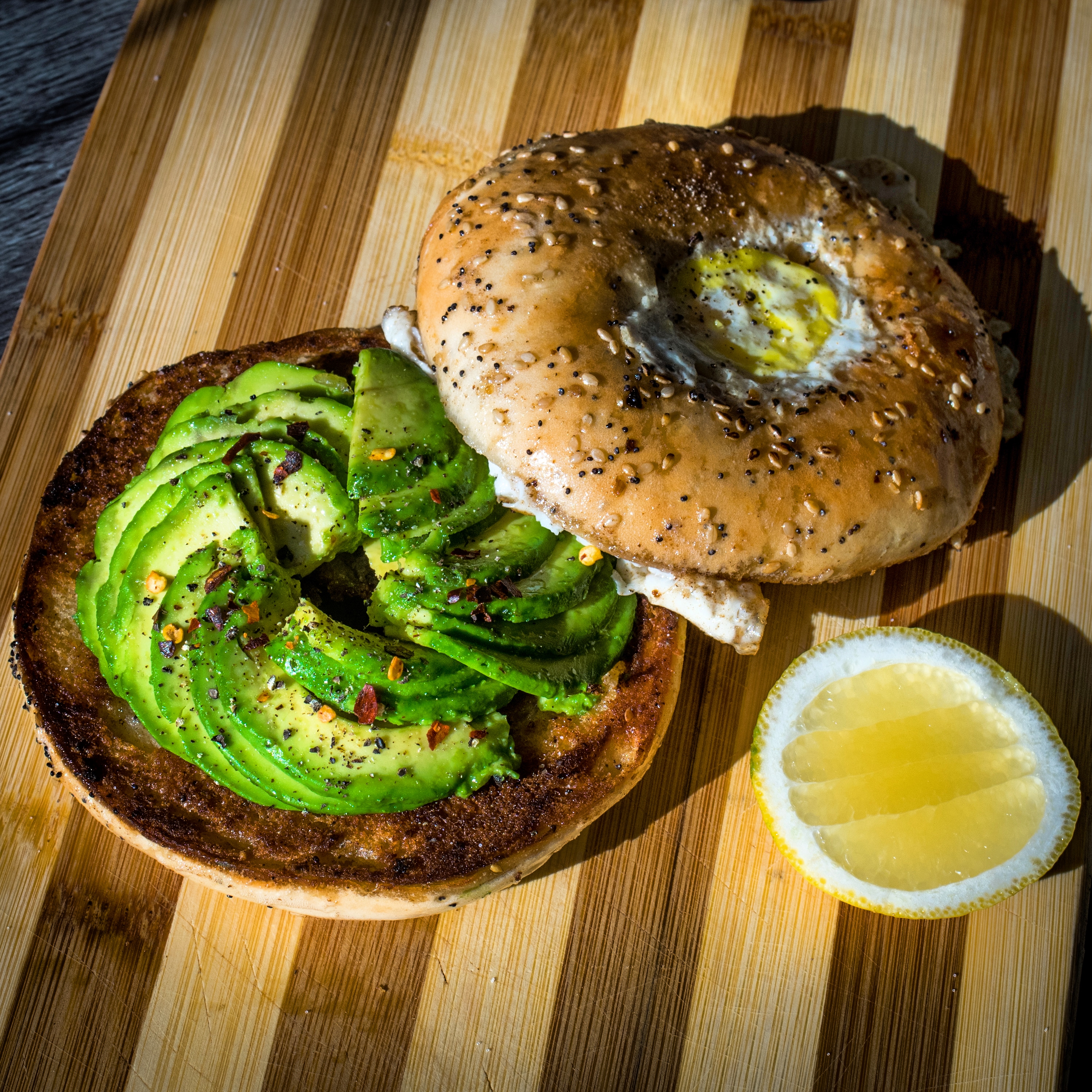 [Homemade] Egg in the hole, avocado and everything bagel sandwich. r/food