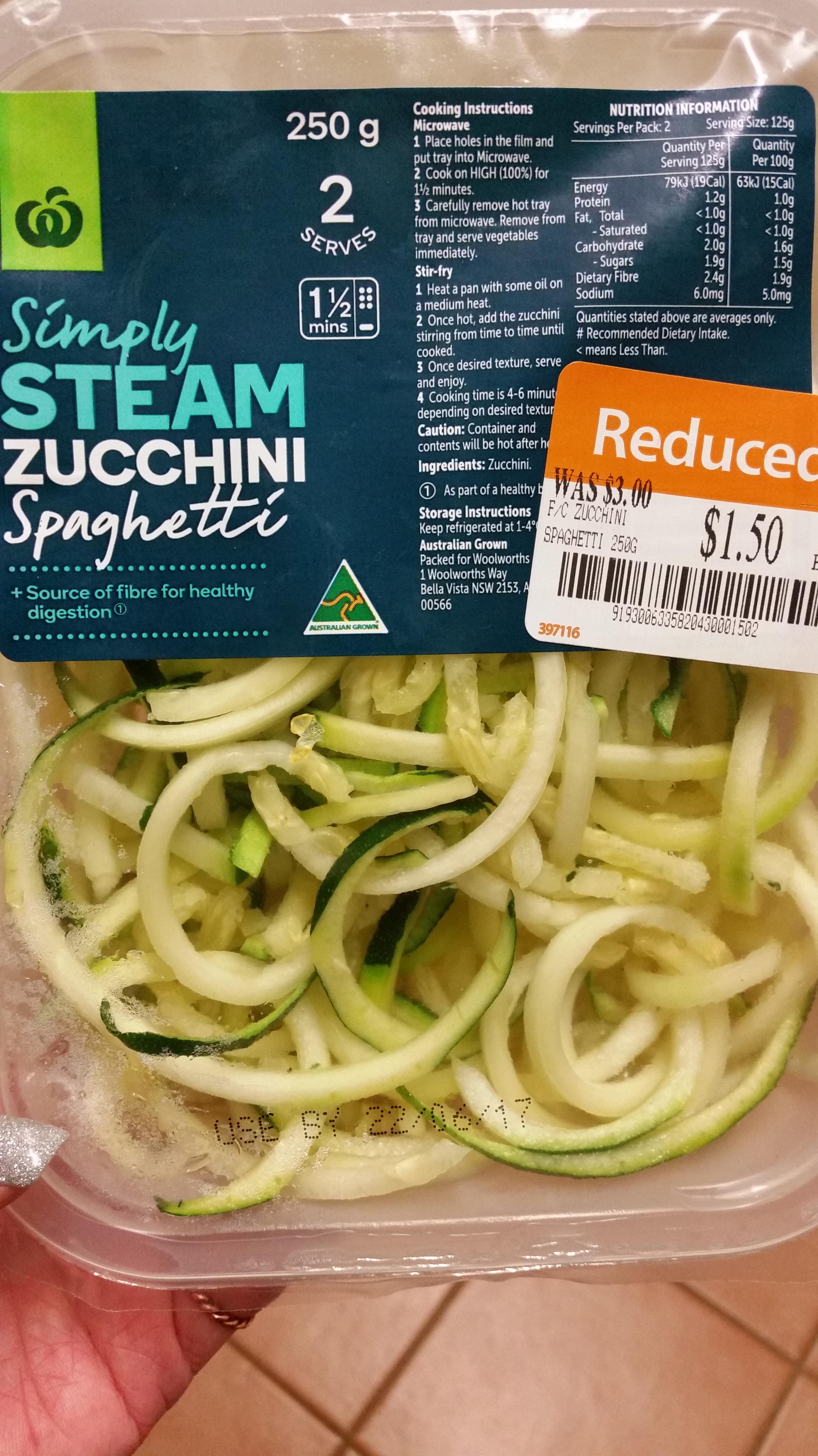 Zuchinni Spaghetti at Woolworths... Discounted at mine because the