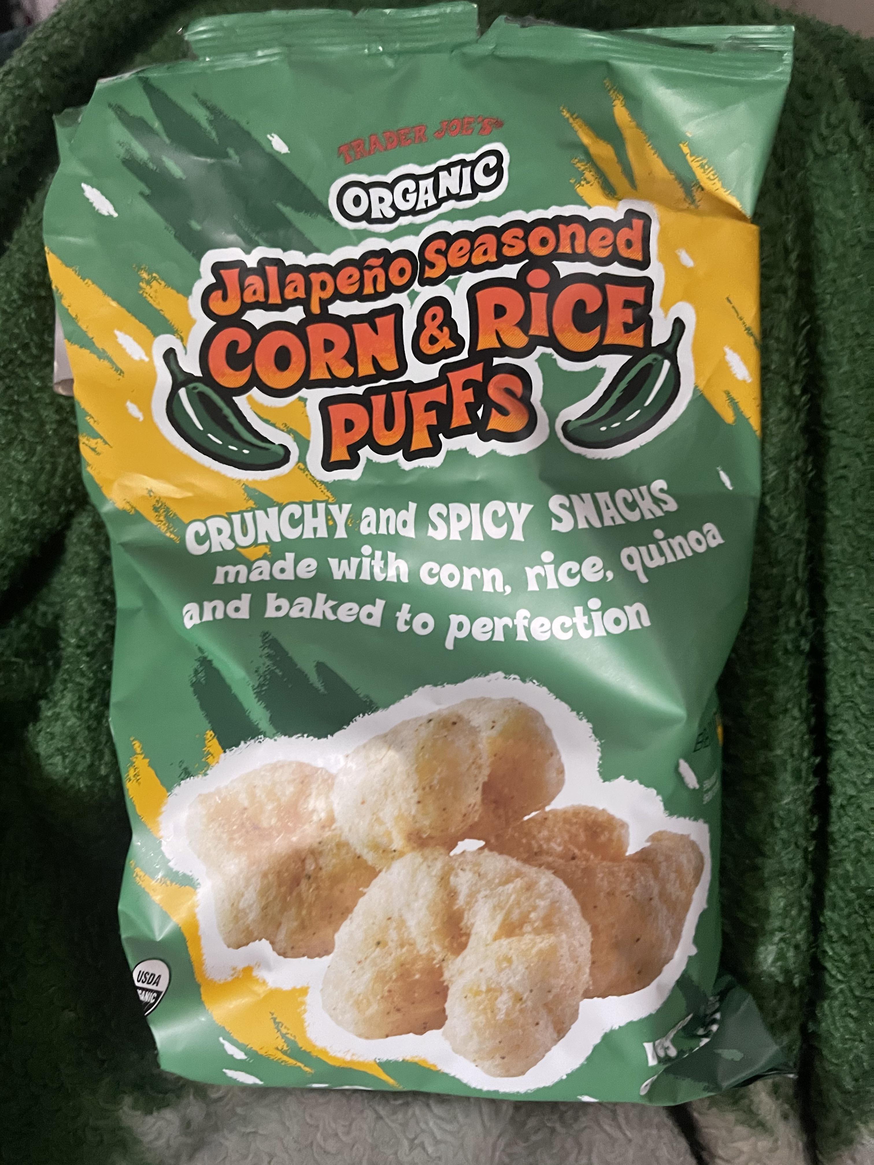 The Organic Jalapeño Seasoned Corn and Rice Puffs are SO GOOD! r