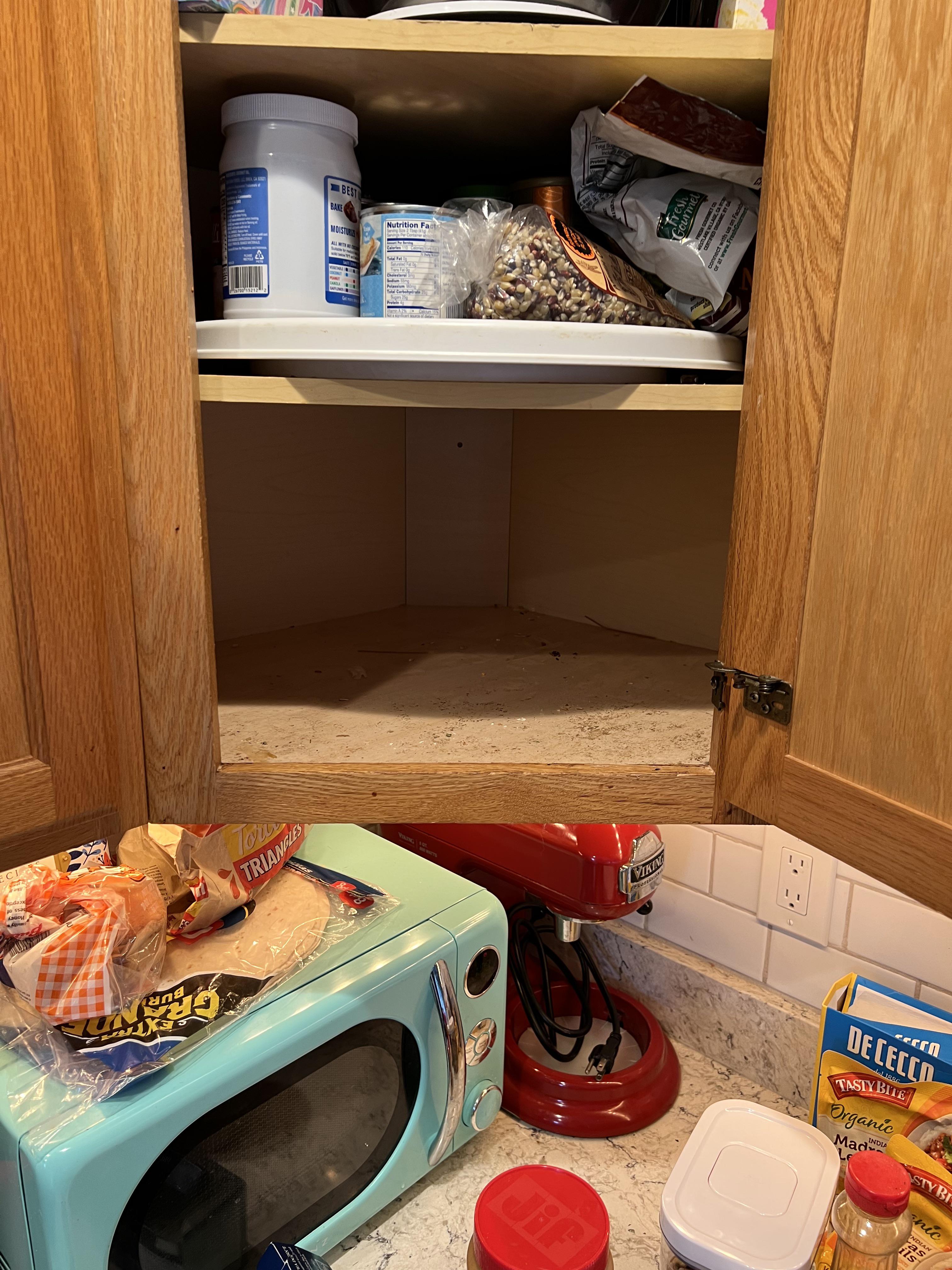 Best way to organize corner Tried lazy susan but things still get lost in the abyss