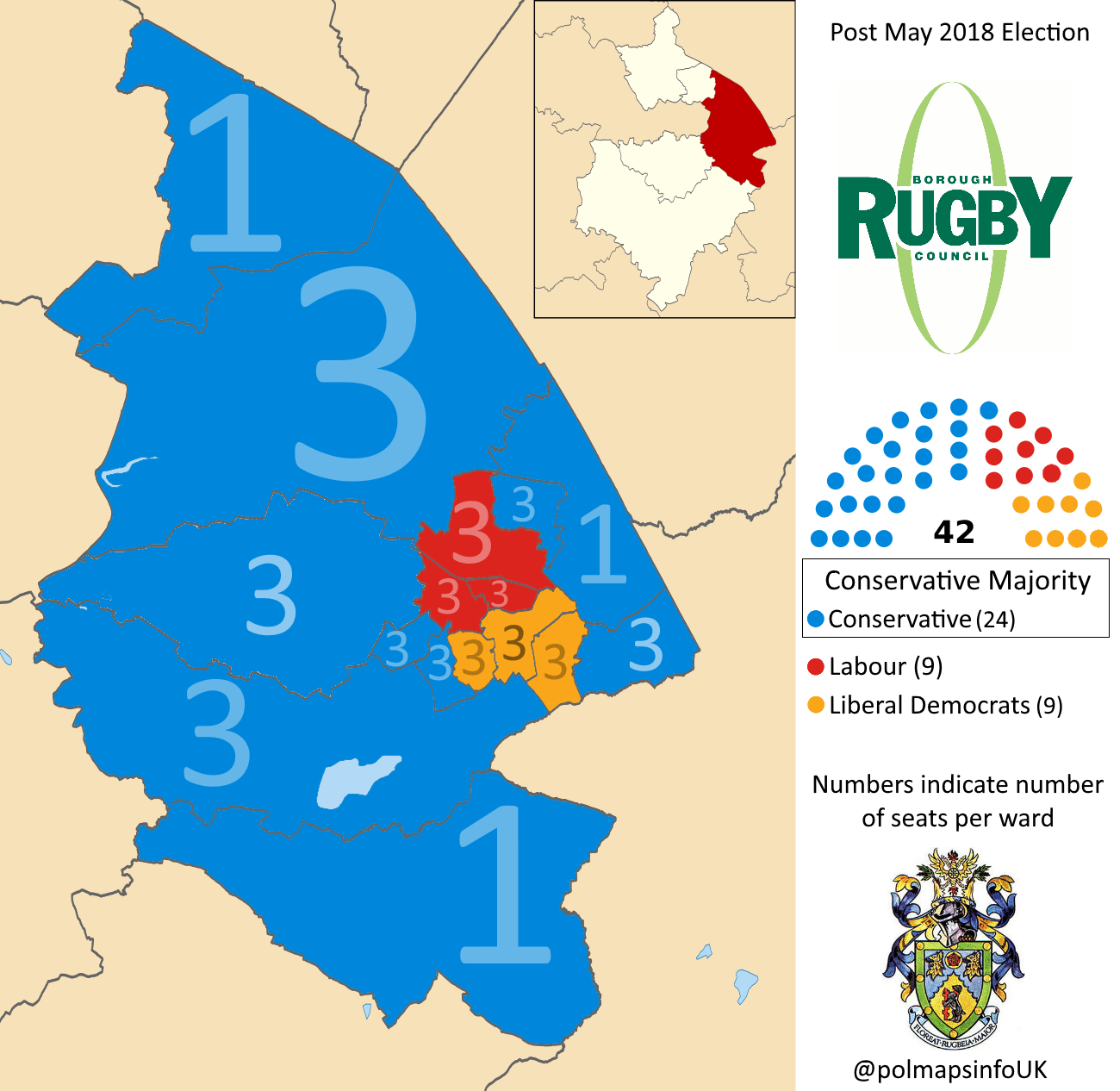 Rugby Borough Council, Post May 2018 Election, UK. r/PoliticalMaps