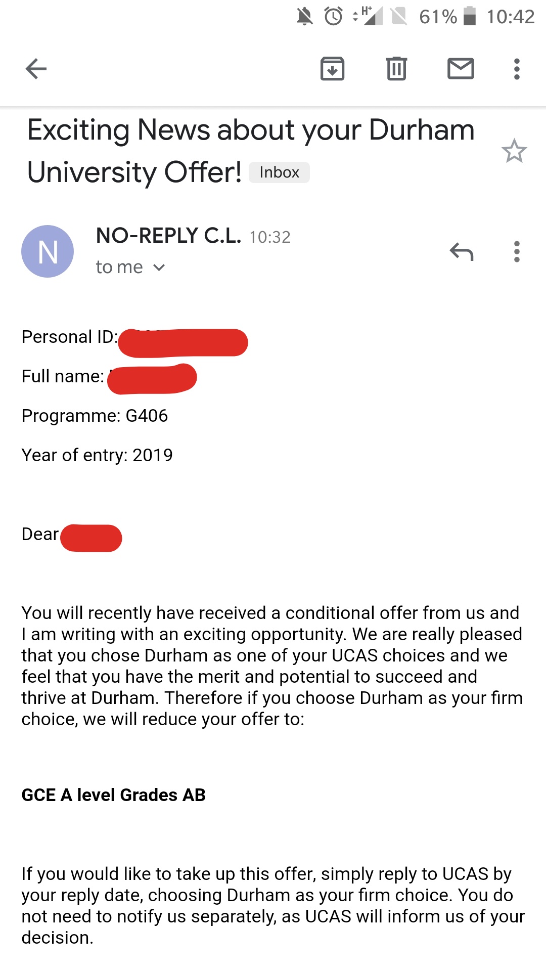 Anyone else randomly get a reduced offer from Durham? r/6thForm