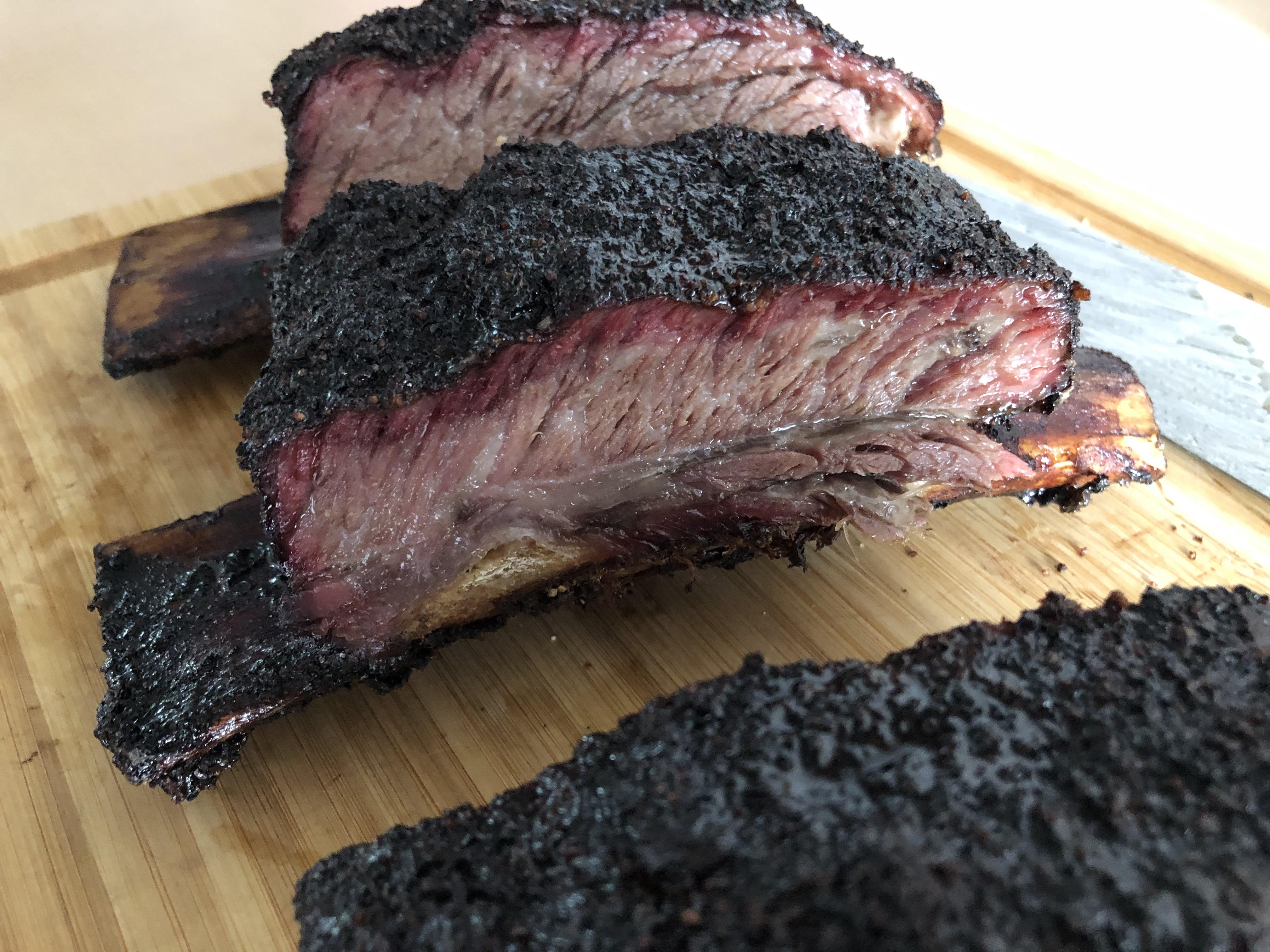 Second run of beef ribs in my new Traeger. 8 hours smoked, 1 hour