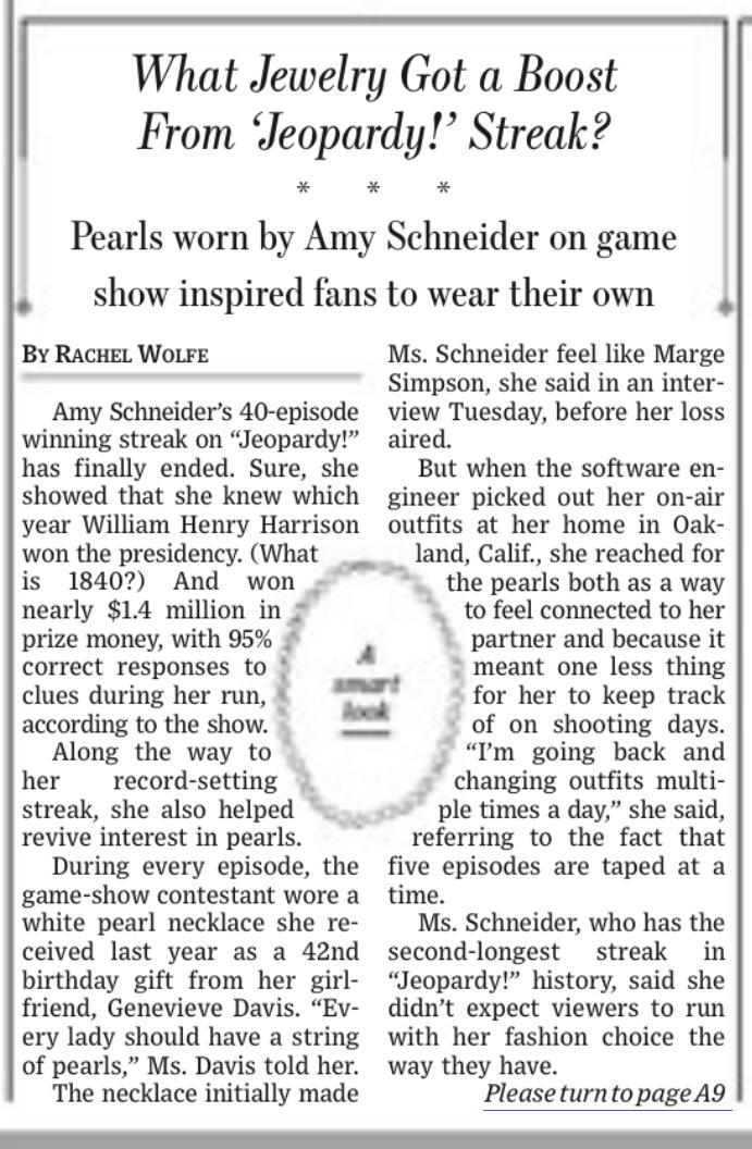 Amy Schneider revived interest in pearls (Wall Street Journal, January