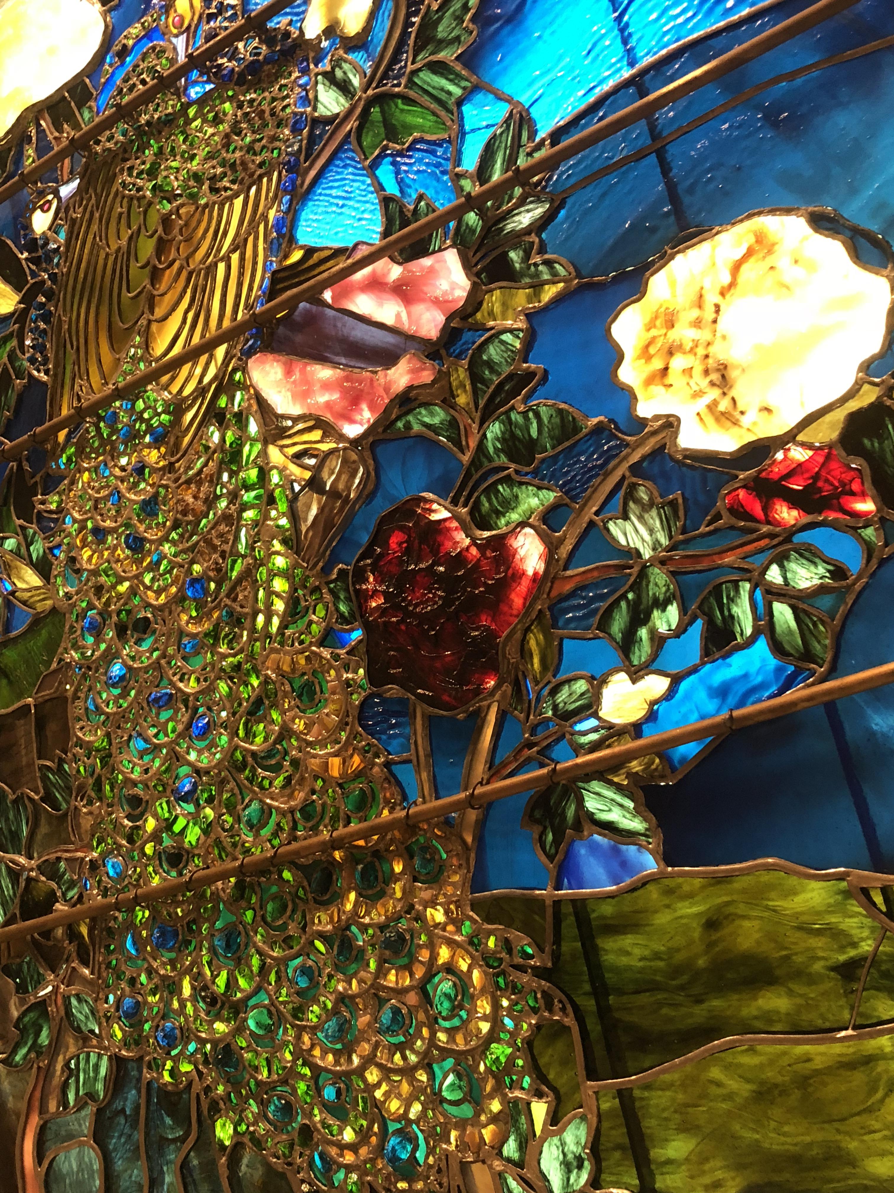 “Peacocks and Peonies” stained glass by John La Farge 1882. Close up
