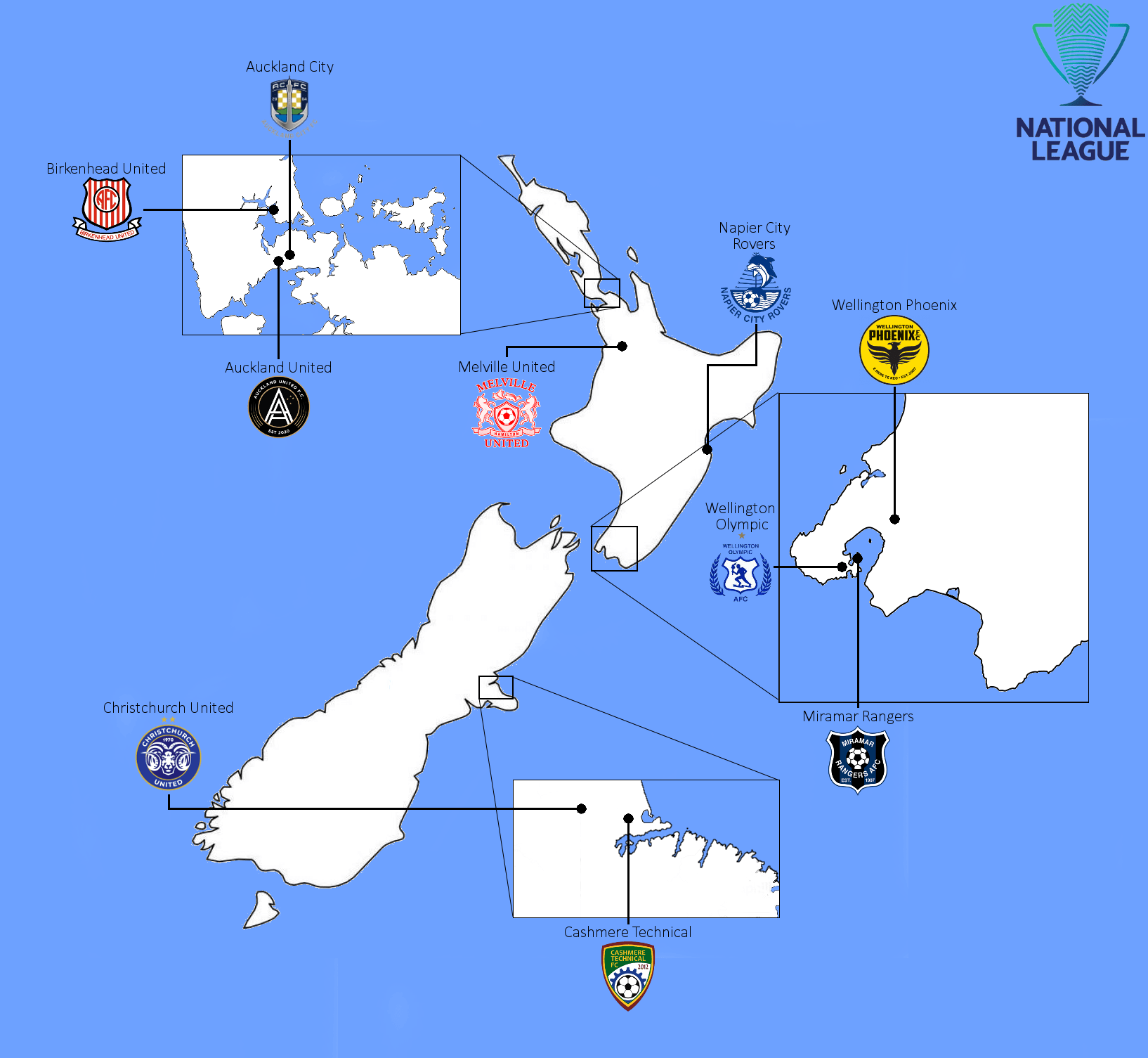 Locations of the 10 qualified teams for the inaugural New Zealand