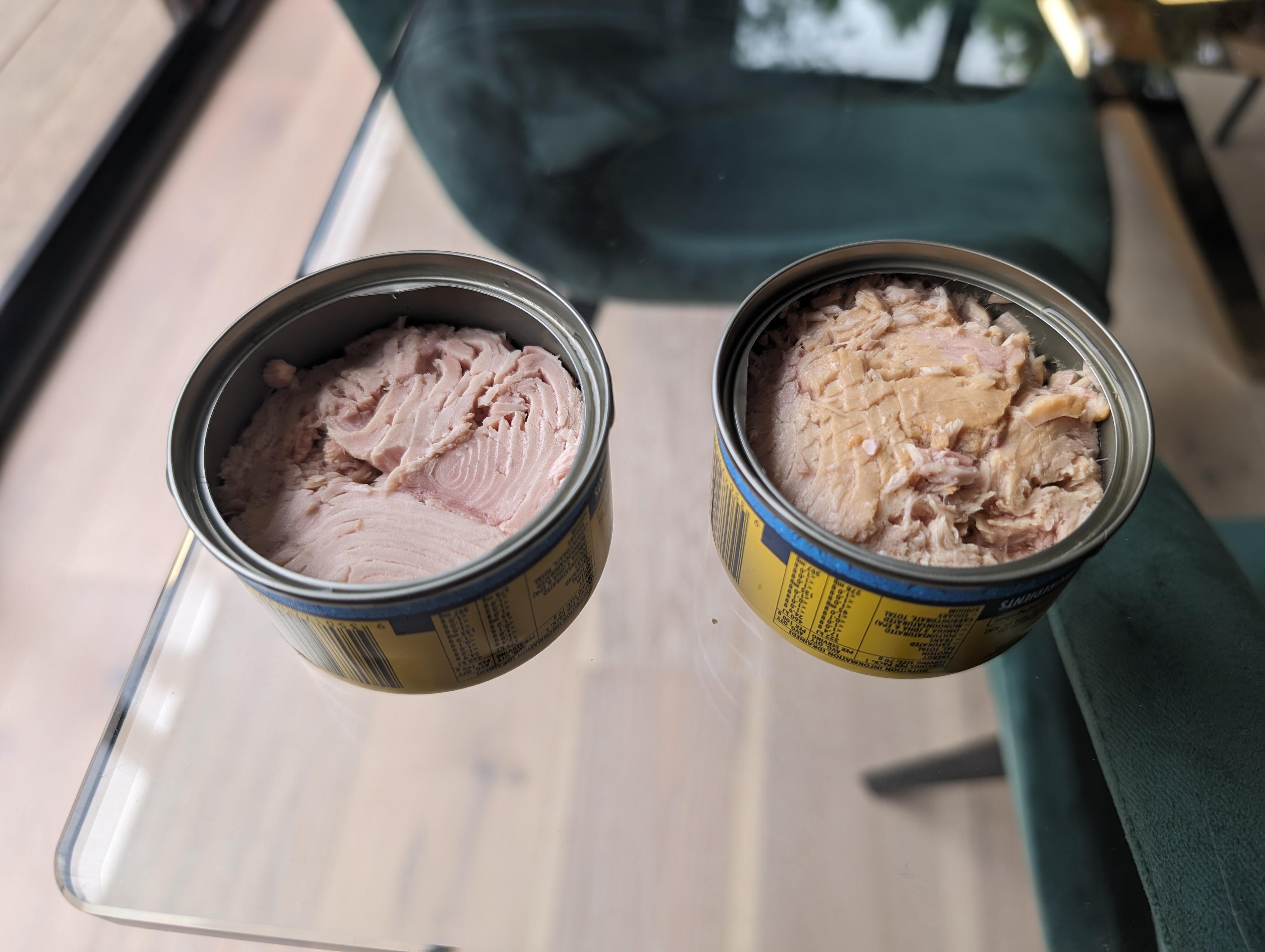 Why do some canned tunas have a yellow tinge (right pic) at the top