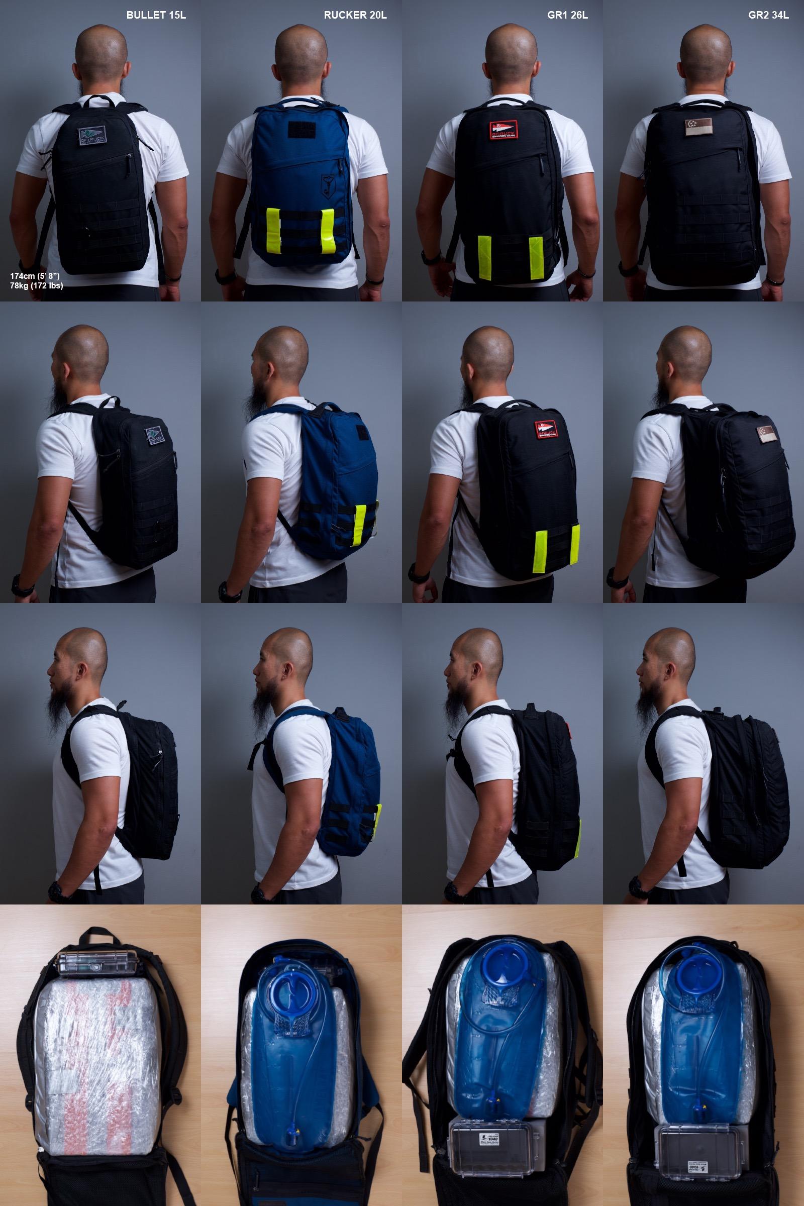 Size Comparison Photos Bullet 15L vs RUCKER vs 26L GR1 vs 34L GR2 r