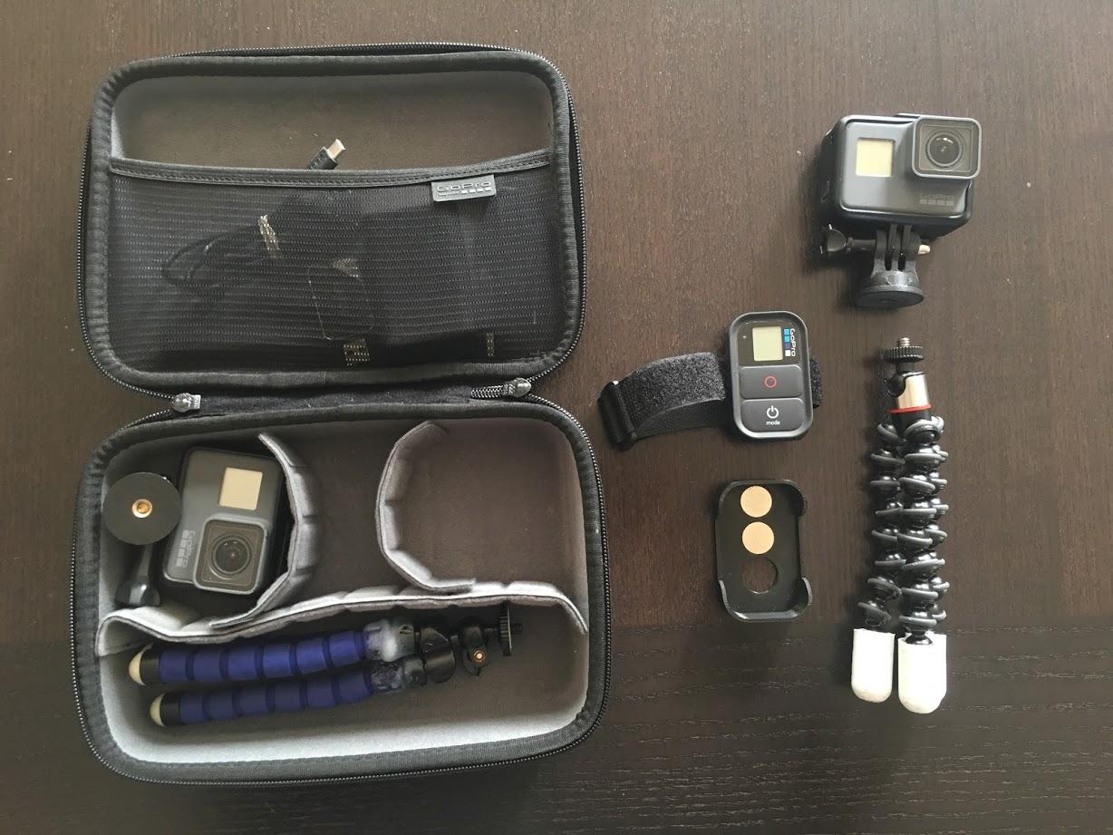 My GoPro kit with various 3D printed helpers (tripod mount,