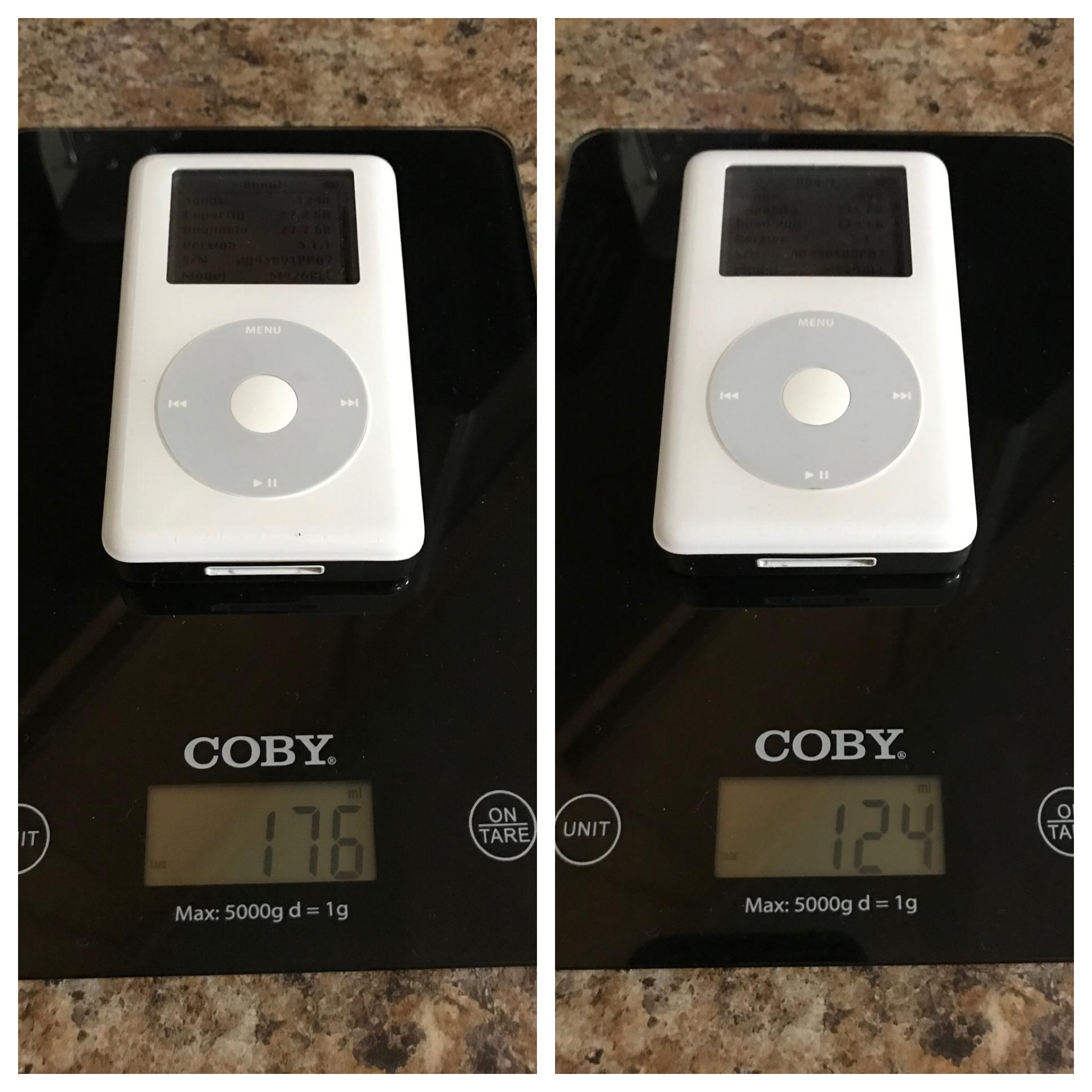 iPod 4th Gen Monochrome 40gb weight comparison before and after flash