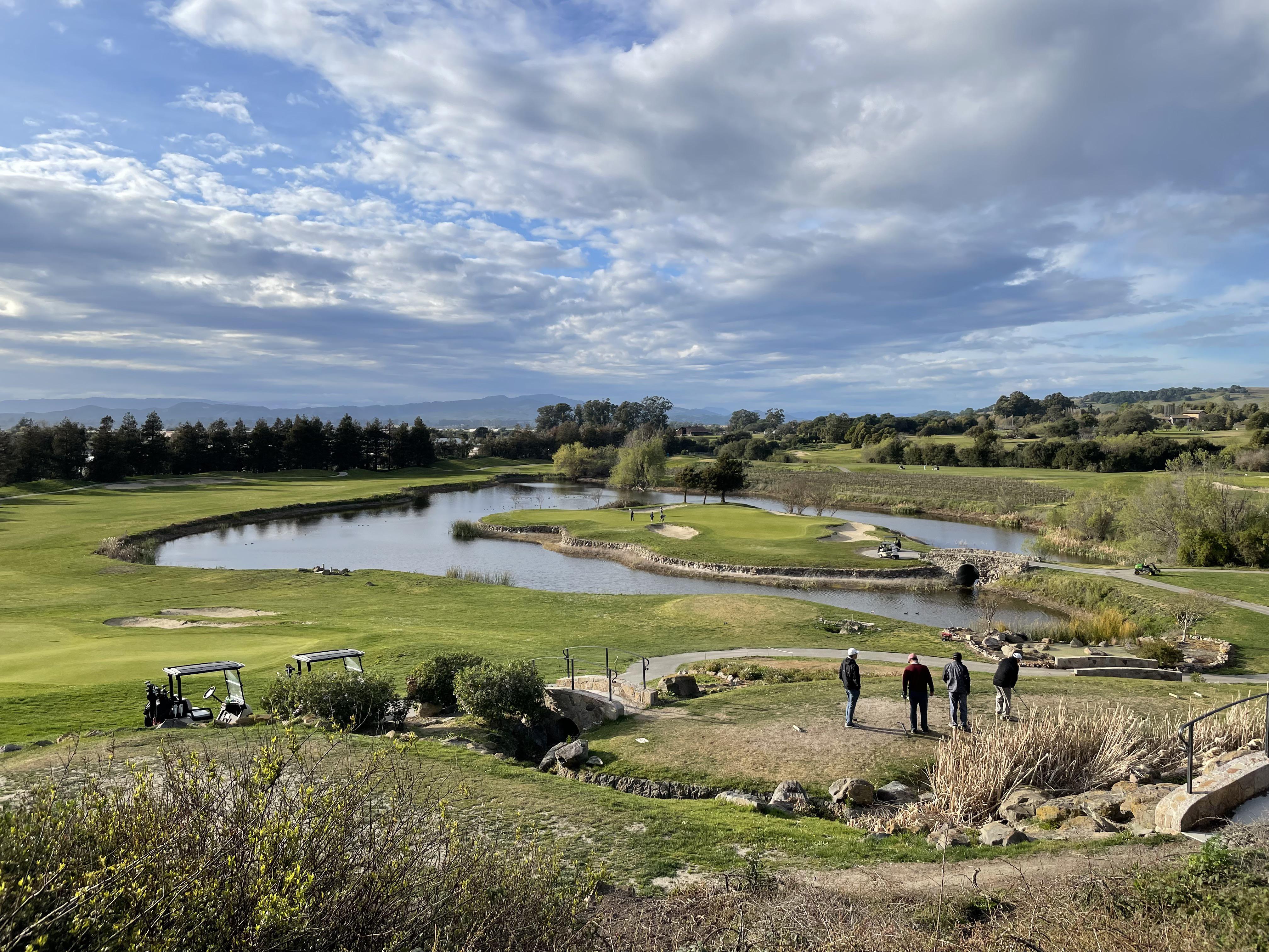 Eagle Vines, Napa 14th hole, elevated par 3 into a crosswind. Chilly